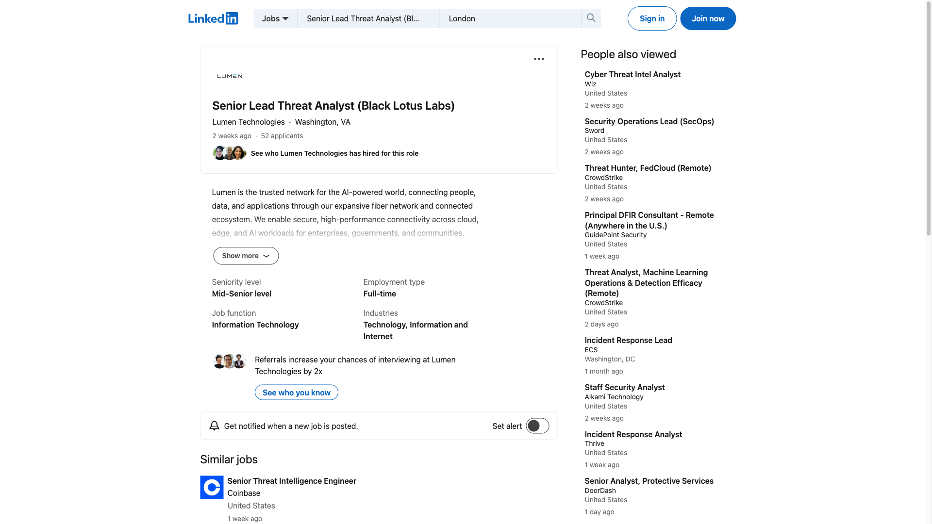 Screenshot of the Lumen Technologies Senior Lead Threat Analyst (Black Lotus Labs) job posting, captured 2026-09-24