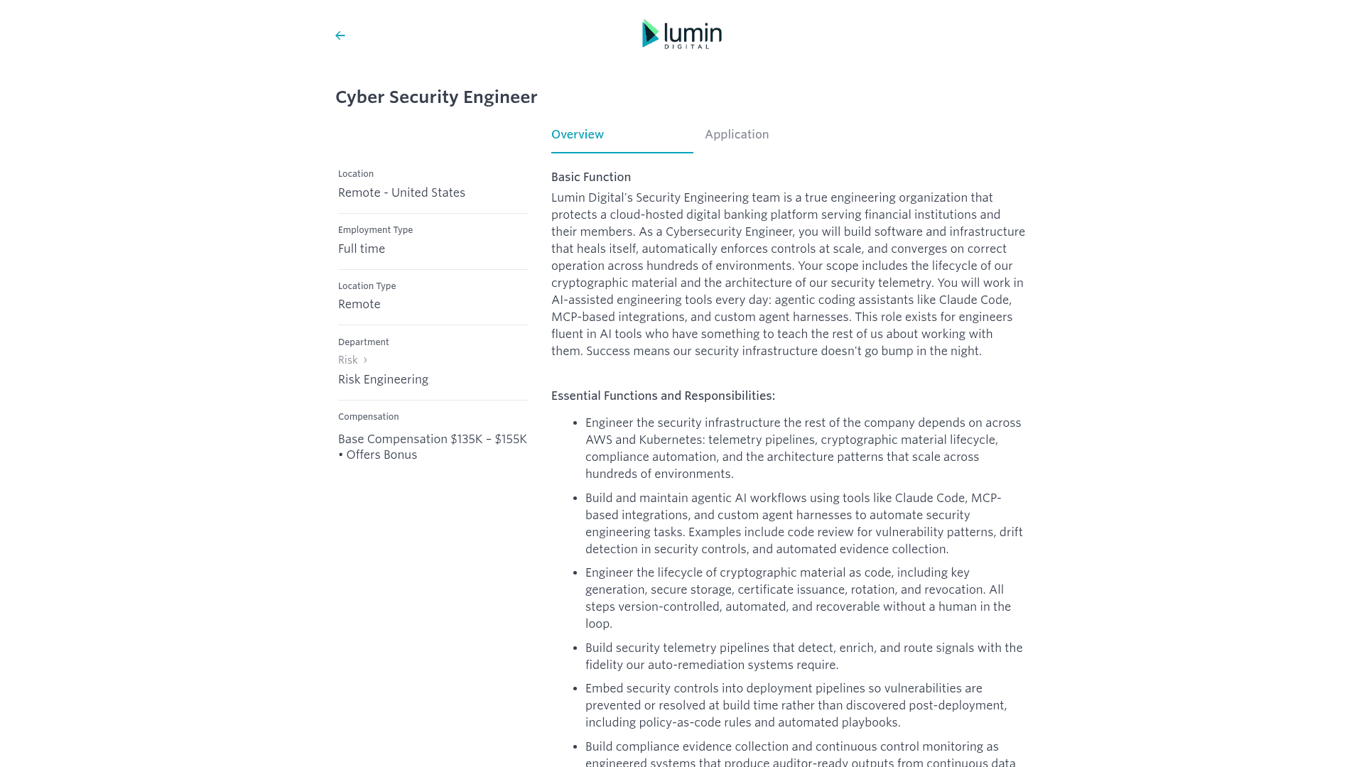 Screenshot of the Lumin Digital Cyber Security Engineer job posting, captured 2026-08-27