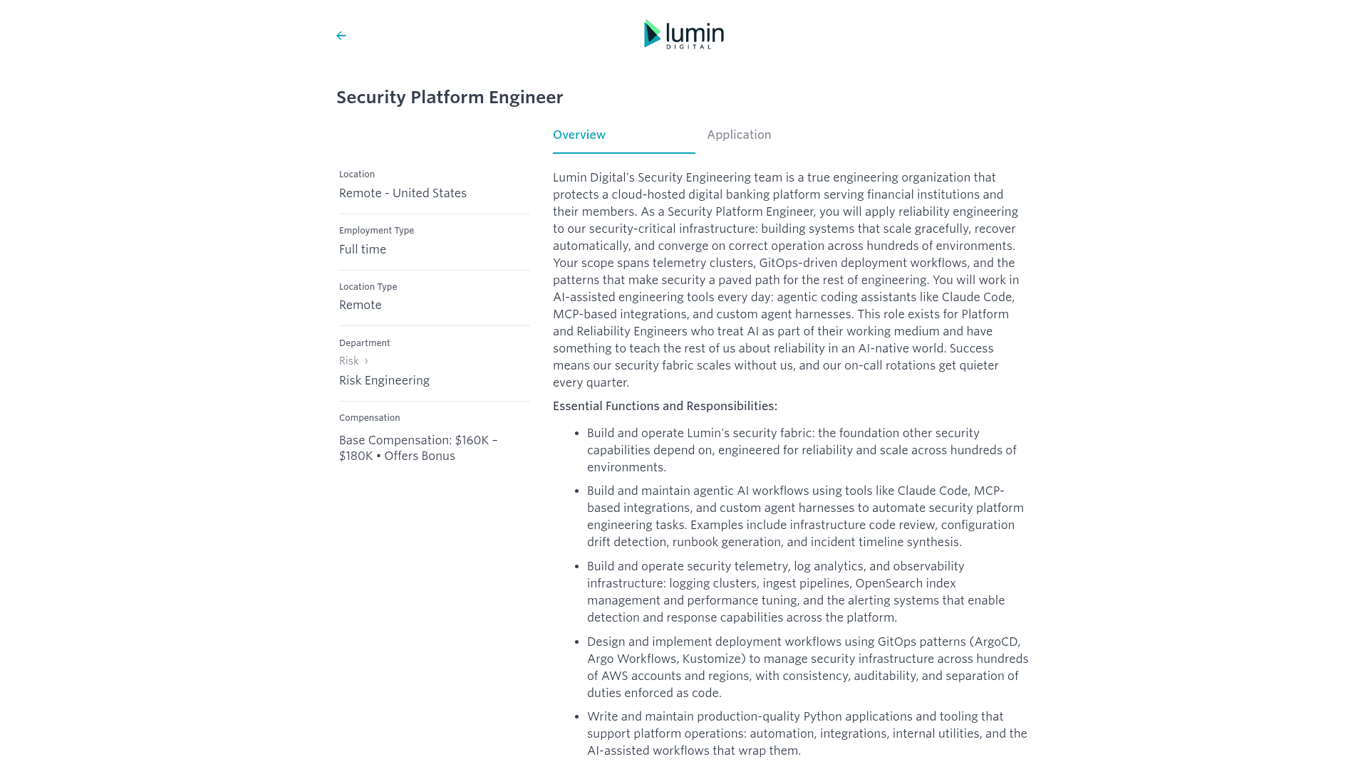 Screenshot of the Lumin Digital Security Platform Engineer job posting, captured 2026-08-27