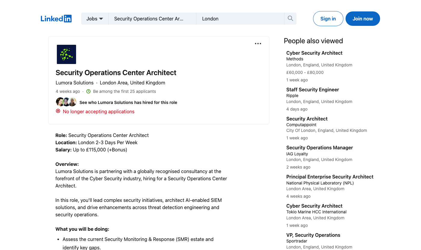 Screenshot of the Lumora Solutions (global consultancy) Security Operations Center Architect job posting, captured 2026-09-05
