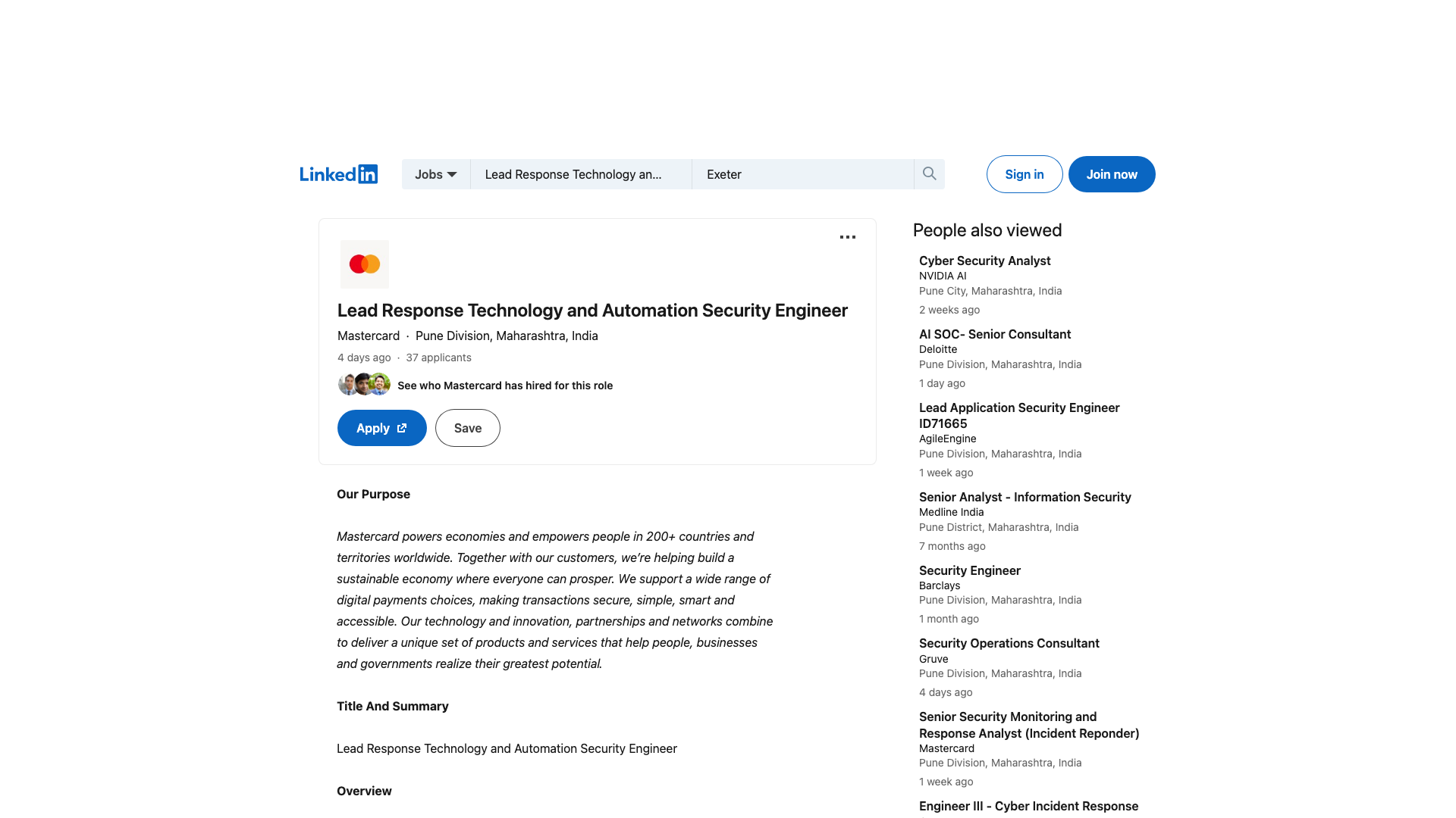 Screenshot of the Mastercard Lead Response Technology and Automation Security Engineer job posting, captured 2026-09-05