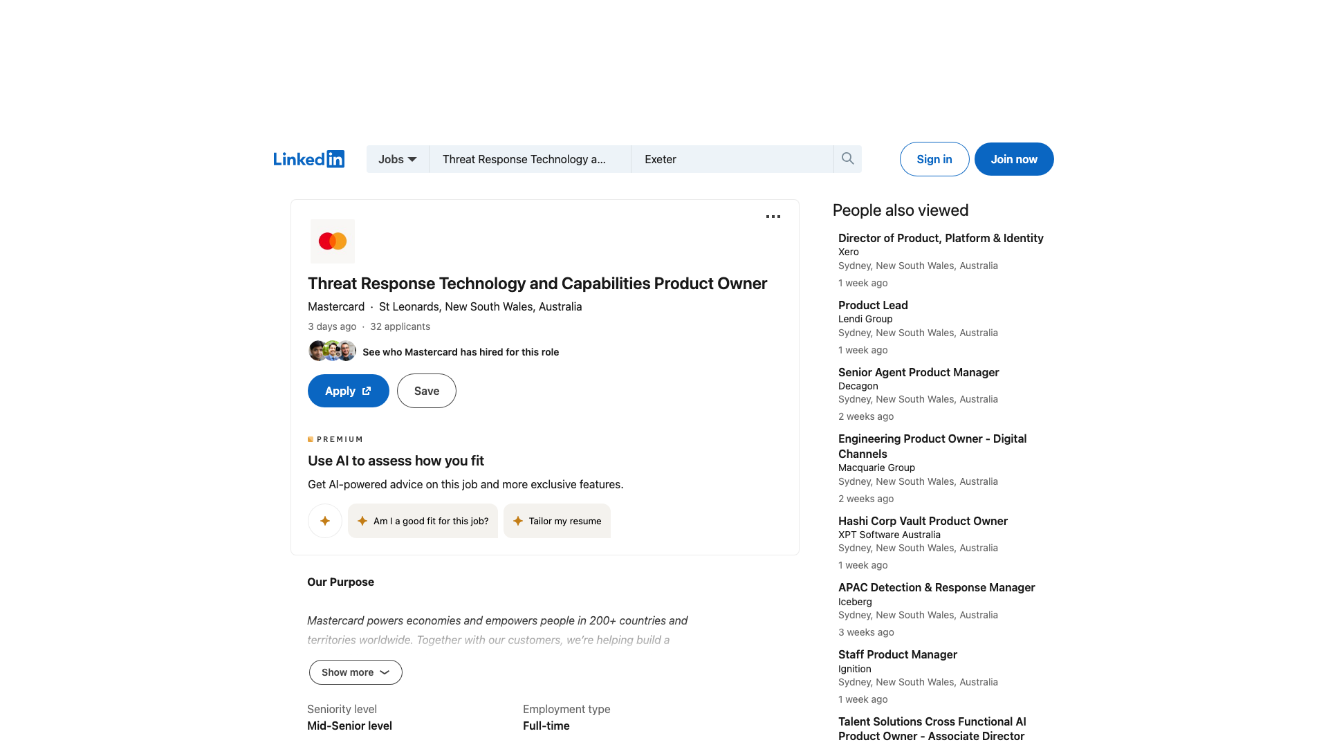 Screenshot of the Mastercard Threat Response Technology and Capabilities Product Owner job posting, captured 2026-09-05