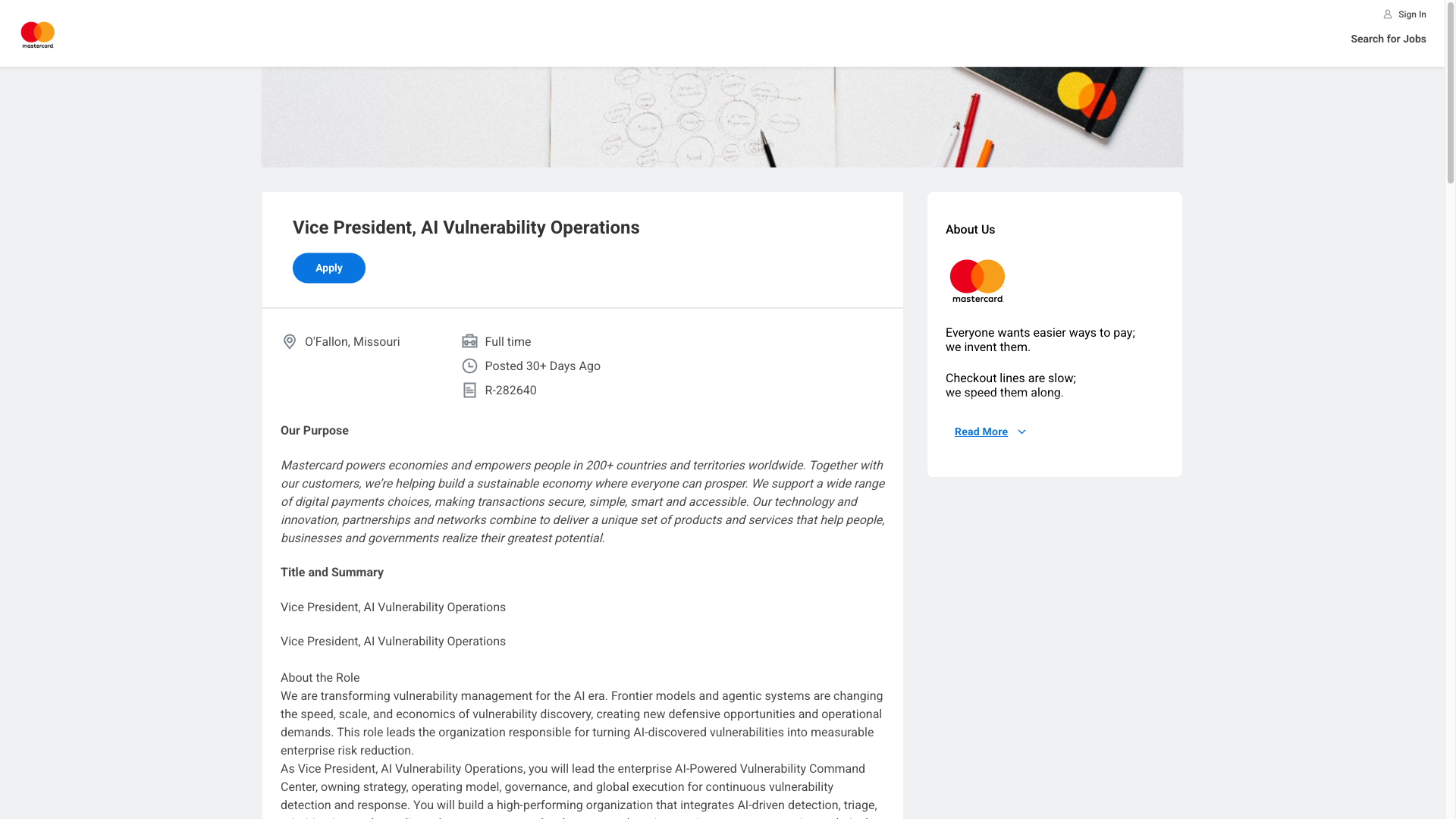 Screenshot of the Mastercard Vice President, AI Vulnerability Operations job posting, captured 2026-10-01