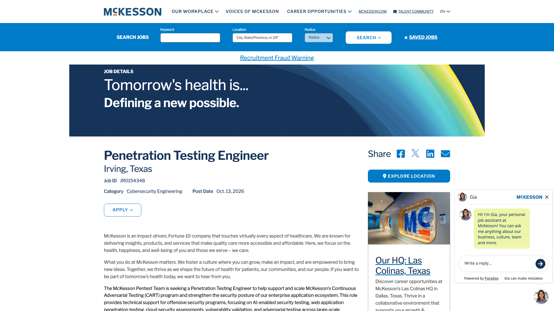 Screenshot of the McKesson Penetration Testing Engineer job posting, captured 2026-10-25