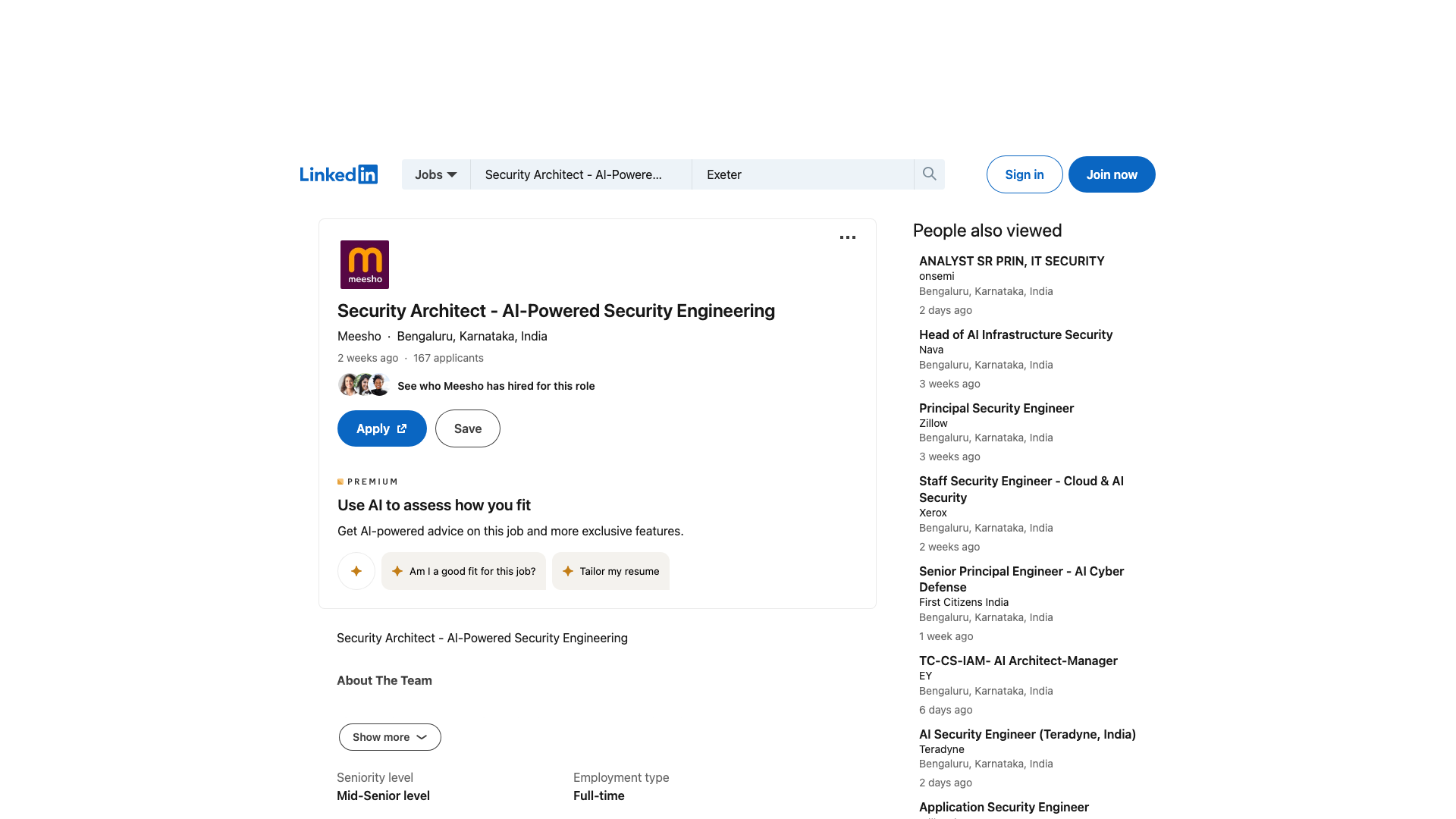 Screenshot of the Meesho Security Architect - AI-Powered Security Engineering job posting, captured 2026-09-05