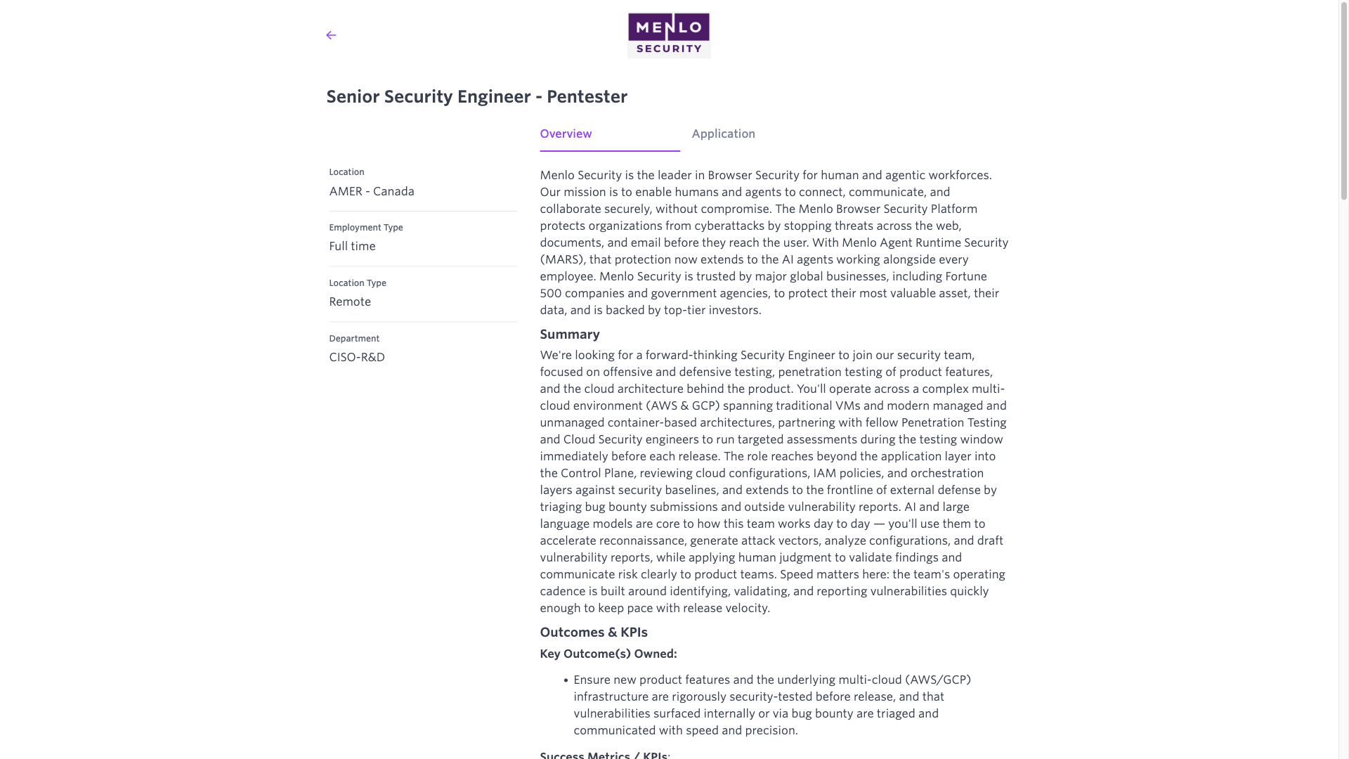 Screenshot of the Menlo Security Senior Security Engineer - Pentester job posting, captured 2026-10-08