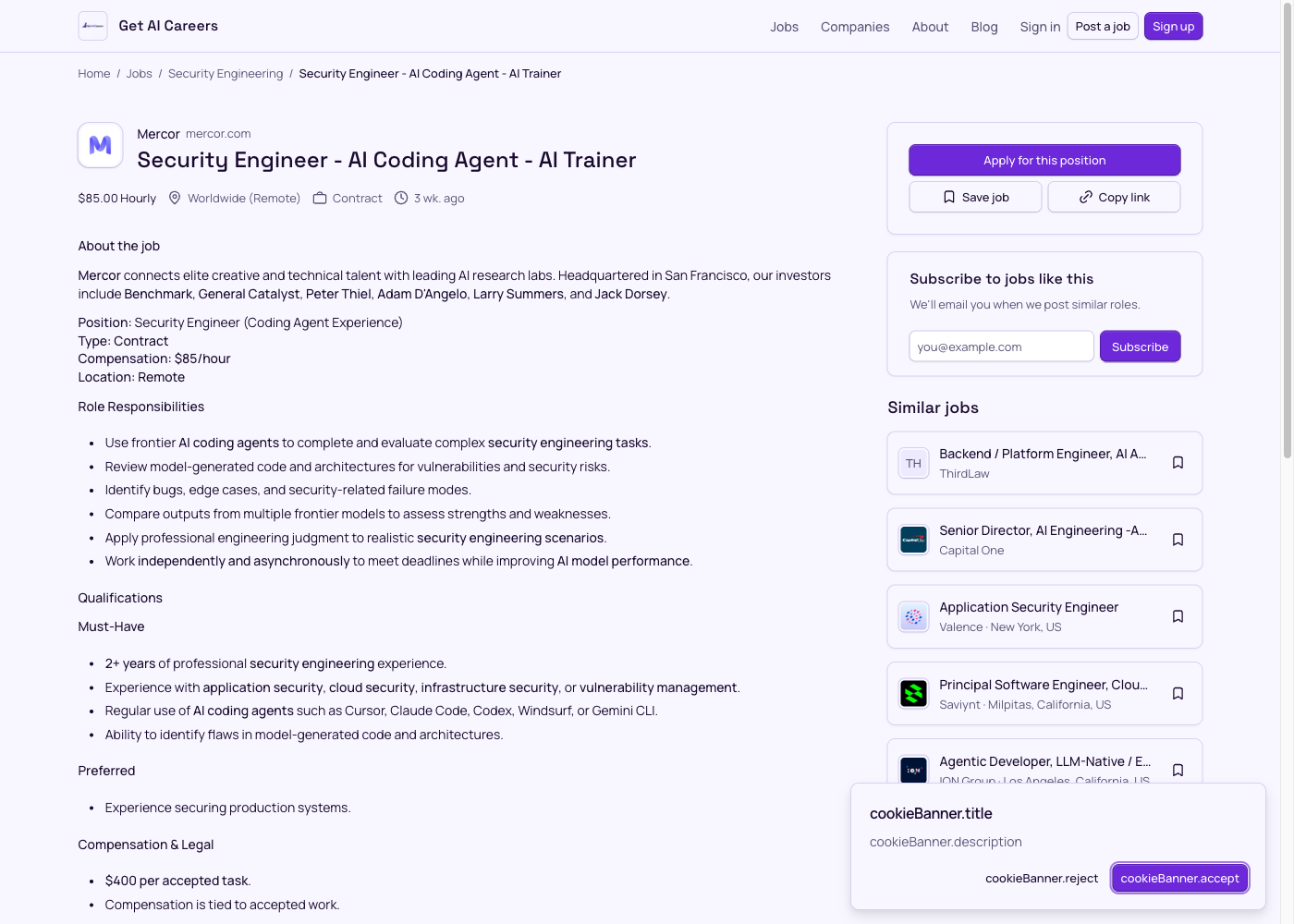 Screenshot of the Mercor Security Engineer – AI Coding Agent job posting, captured 2026-08-31