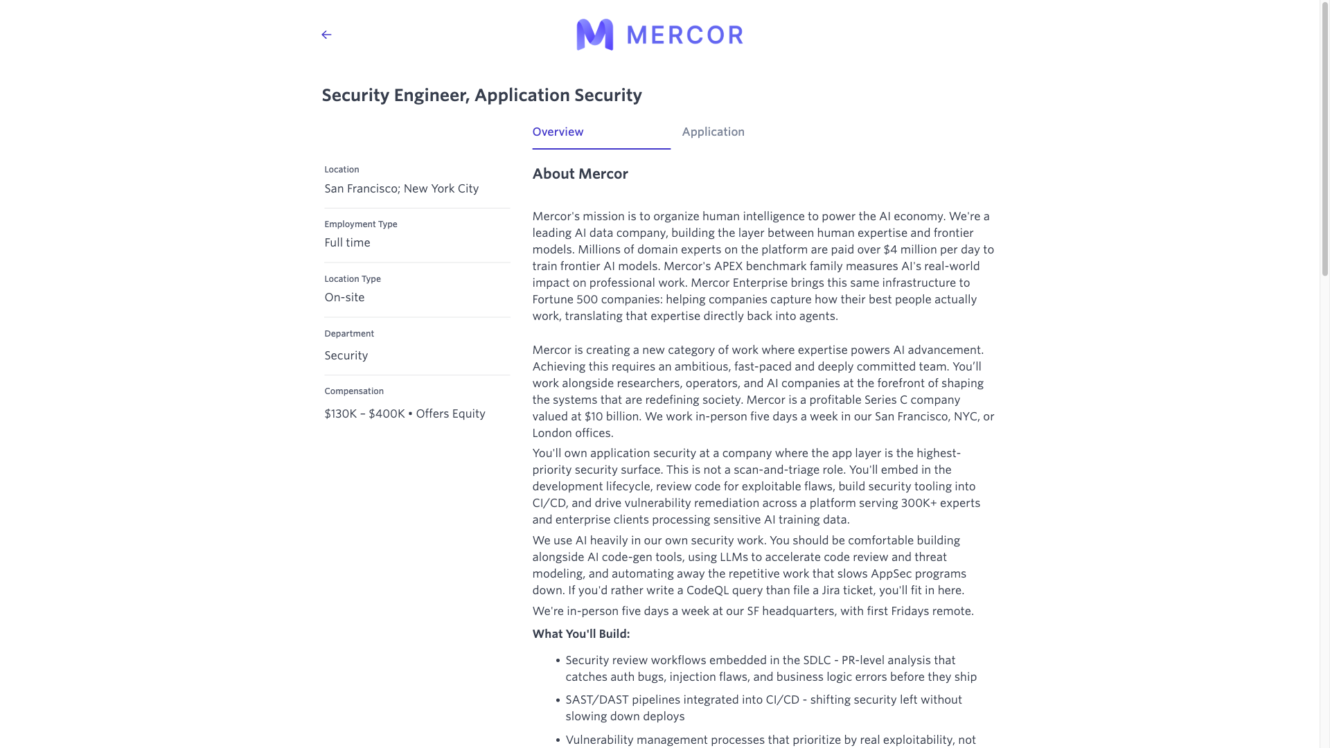Screenshot of the Mercor Security Engineer, Application Security job posting, captured 2026-10-01
