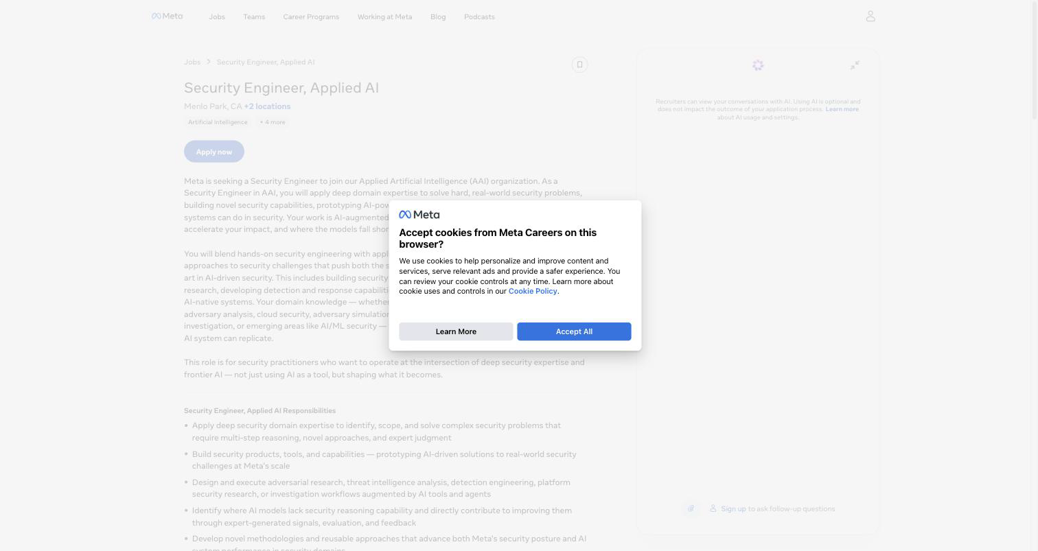 Screenshot of the Meta Security Engineer, Applied AI job posting, captured 2026-09-01