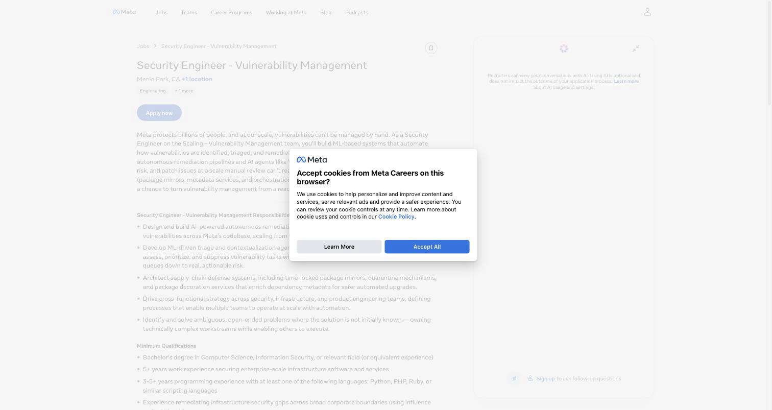 Screenshot of the Meta Security Engineer - Vulnerability Management job posting, captured 2026-09-01