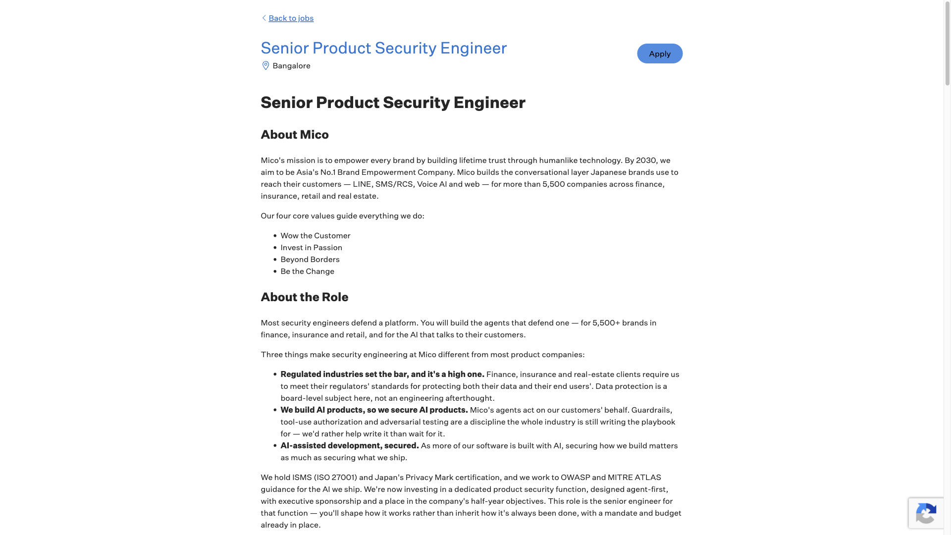 Screenshot of the Mico Senior Product Security Engineer job posting, captured 2026-09-23