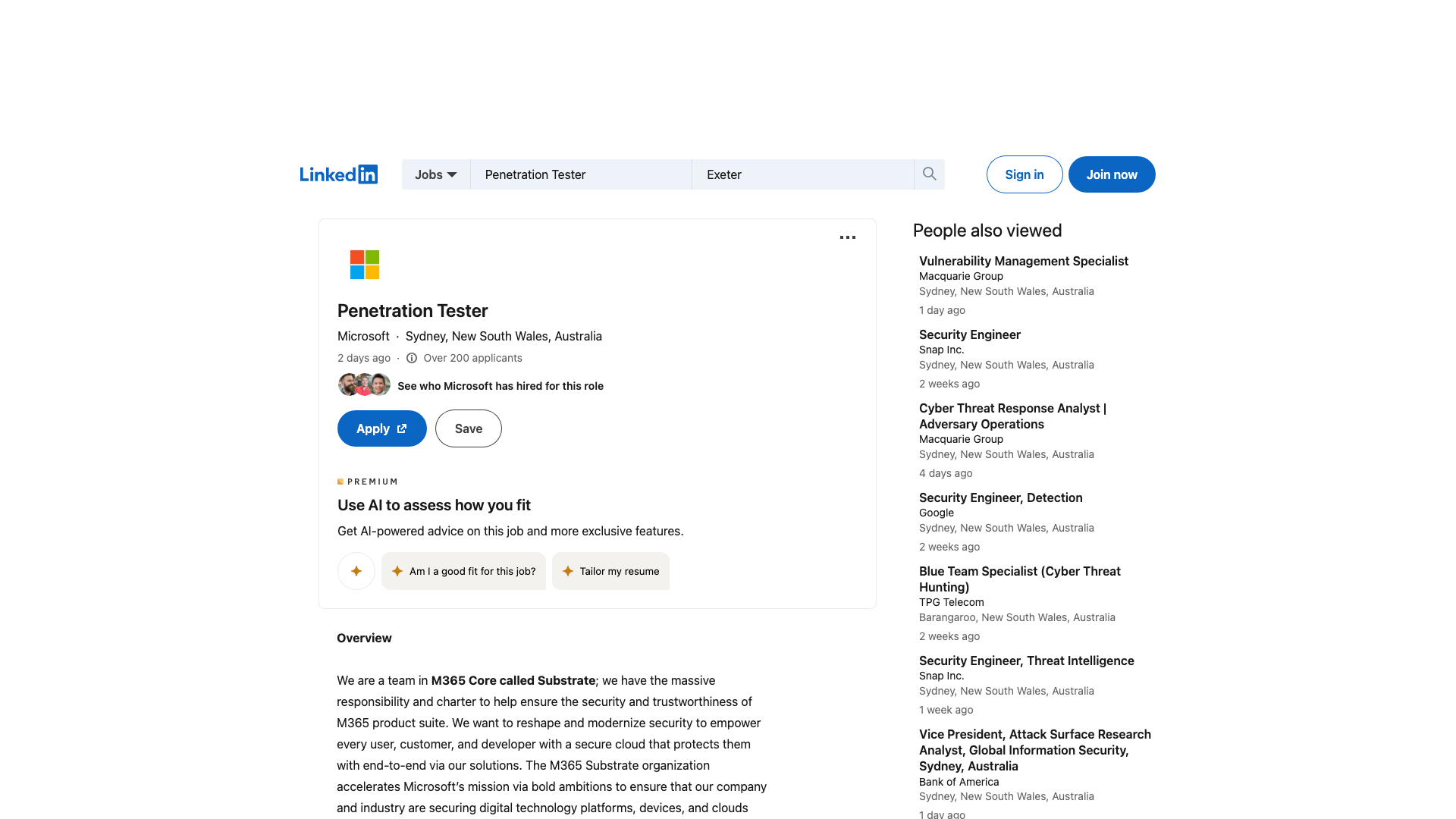 Screenshot of the Microsoft Penetration Tester job posting, captured 2026-09-05