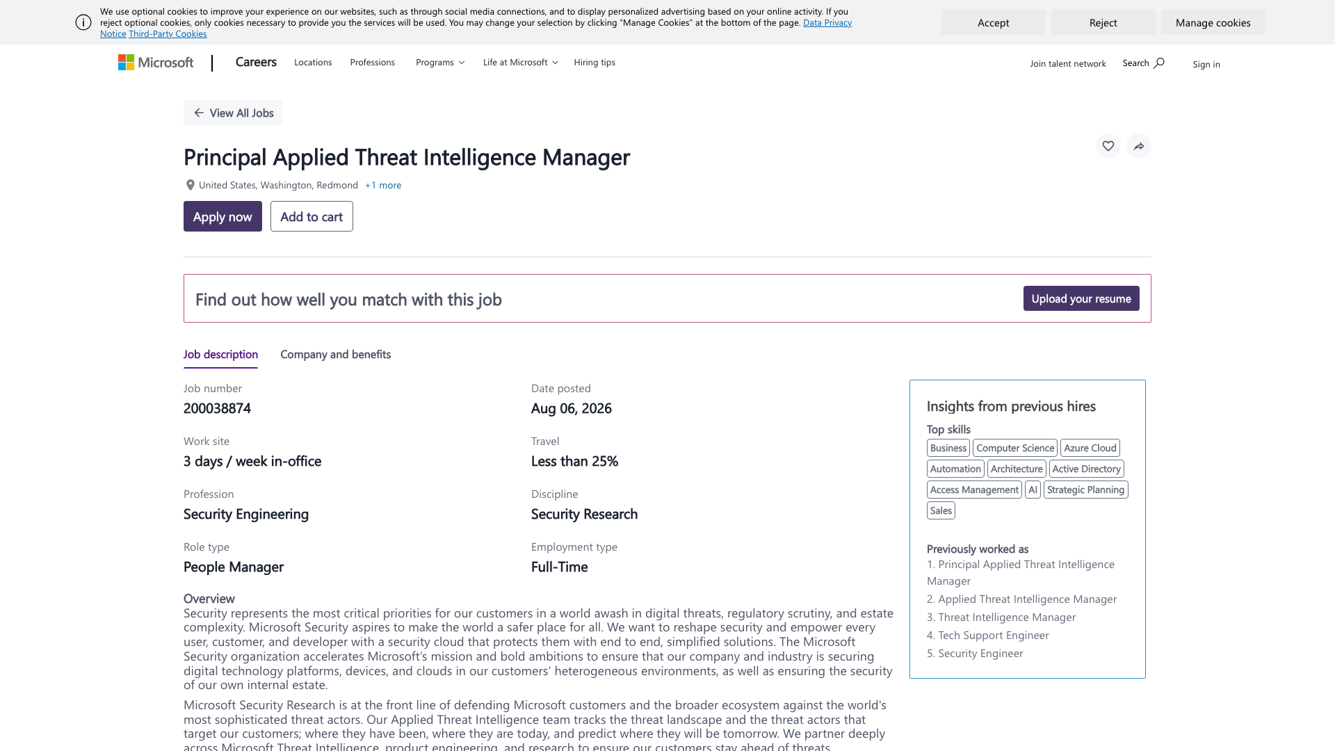 Screenshot of the Microsoft Principal Applied Threat Intelligence Manager — MSTIC job posting, captured 2026-09-05