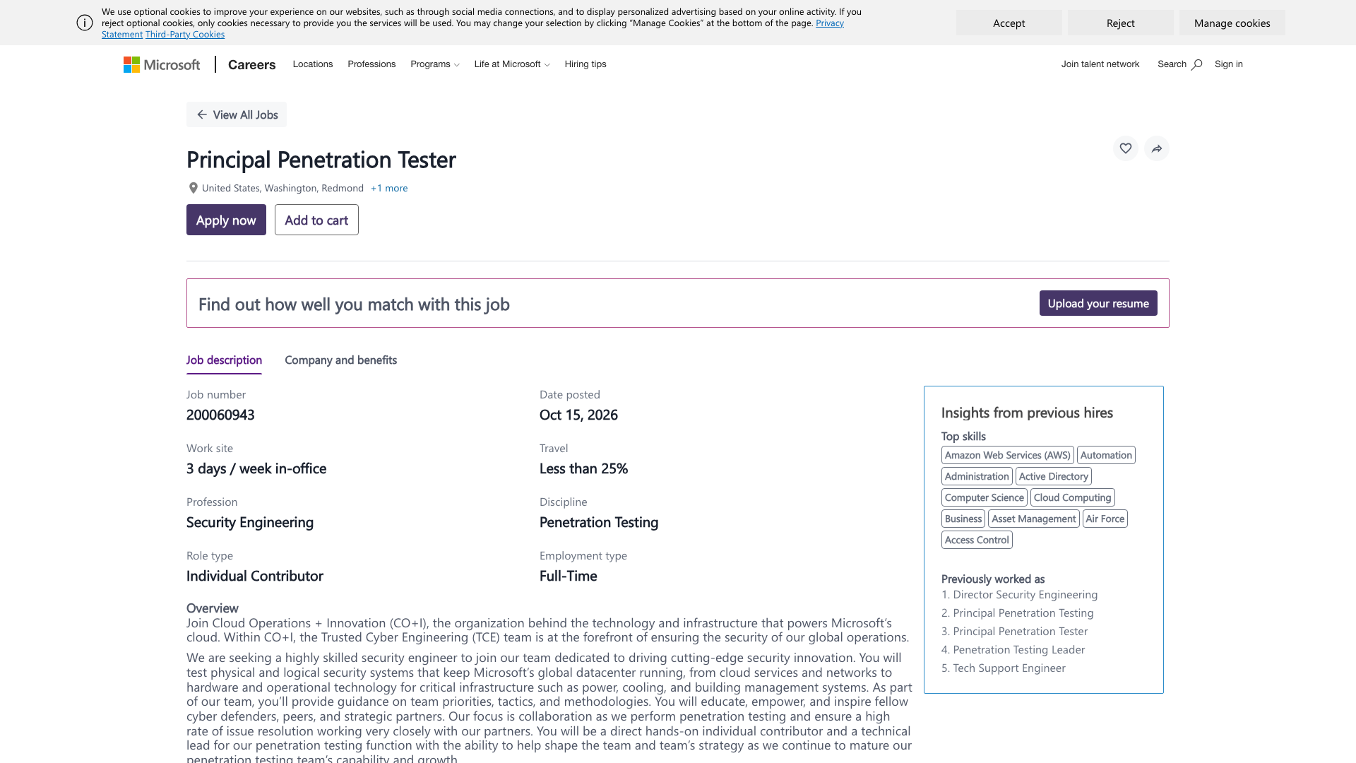 Screenshot of the Microsoft Principal Penetration Tester job posting, captured 2026-10-22