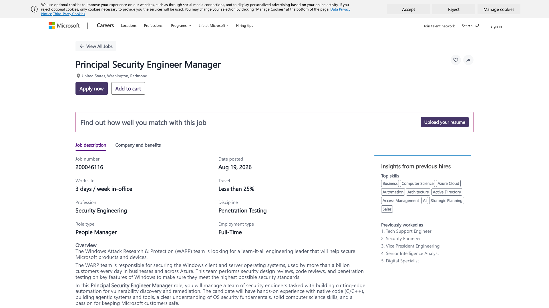 Screenshot of the Microsoft Principal Security Engineer Manager — Windows Attack Research & Protection job posting, captured 2026-09-05