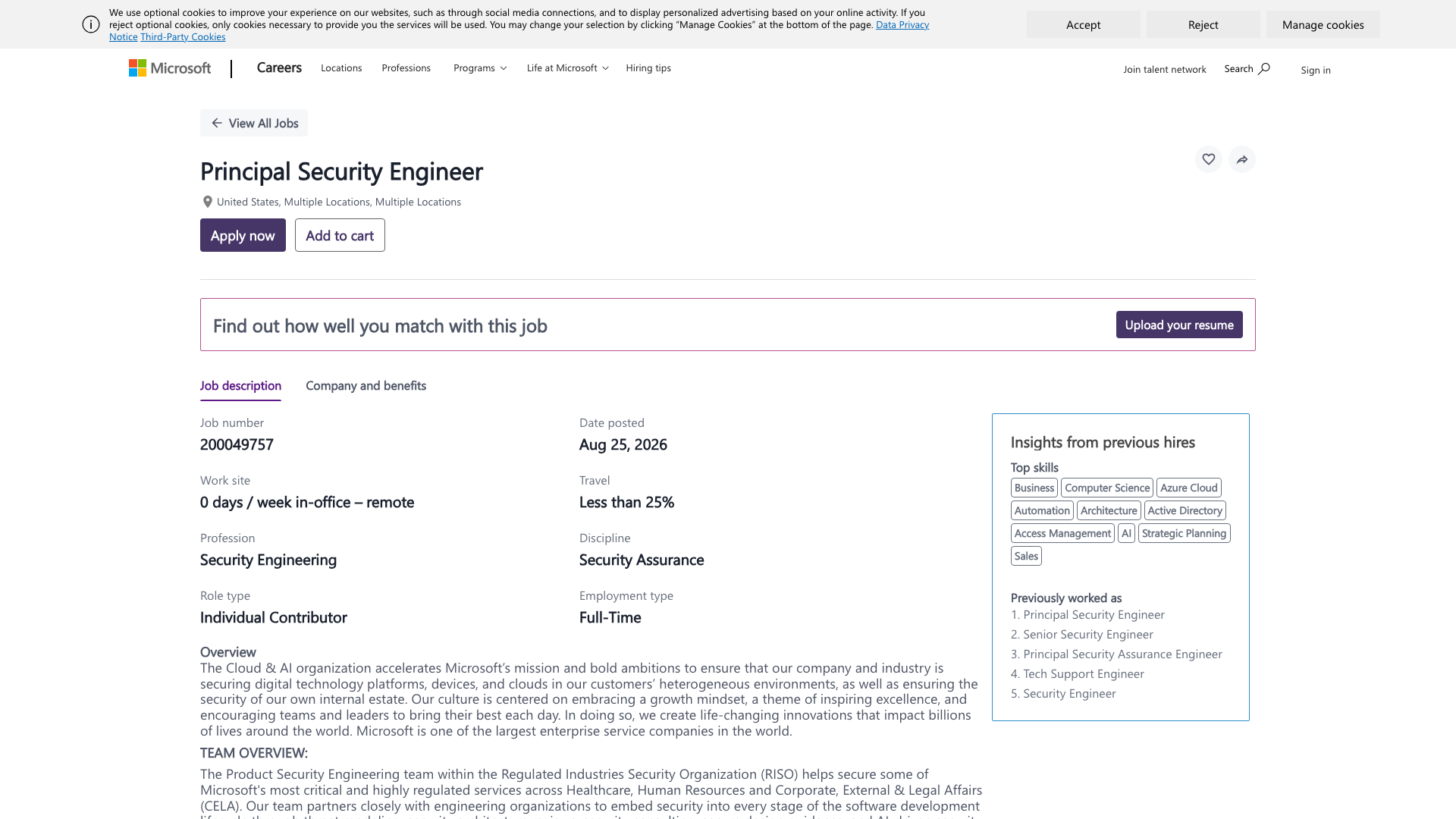 Screenshot of the Microsoft Principal Security Engineer — Security Assurance (RISO Product Security) job posting, captured 2026-09-05