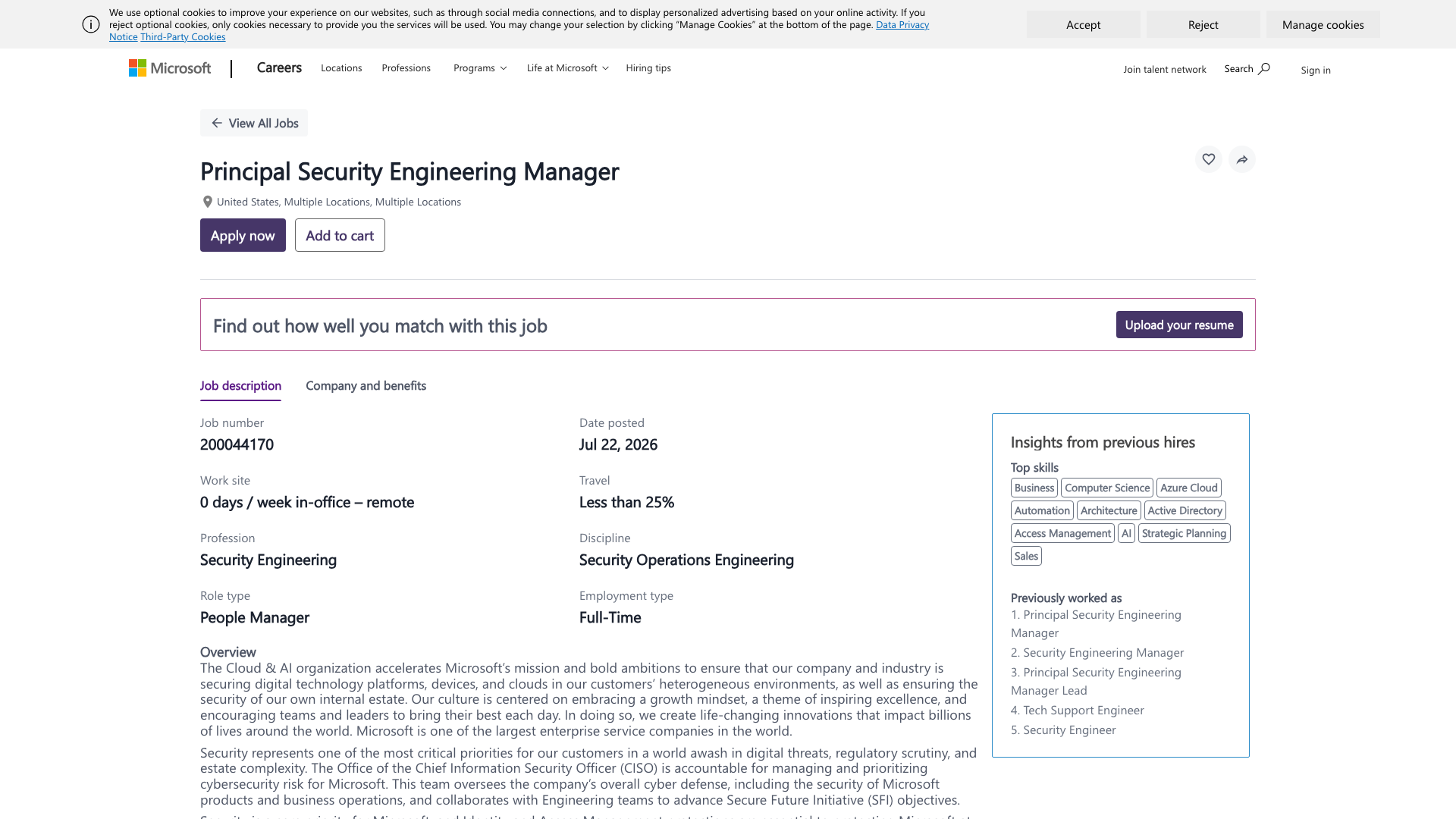 Screenshot of the Microsoft Principal Security Engineering Manager — Office of the CISO job posting, captured 2026-09-05