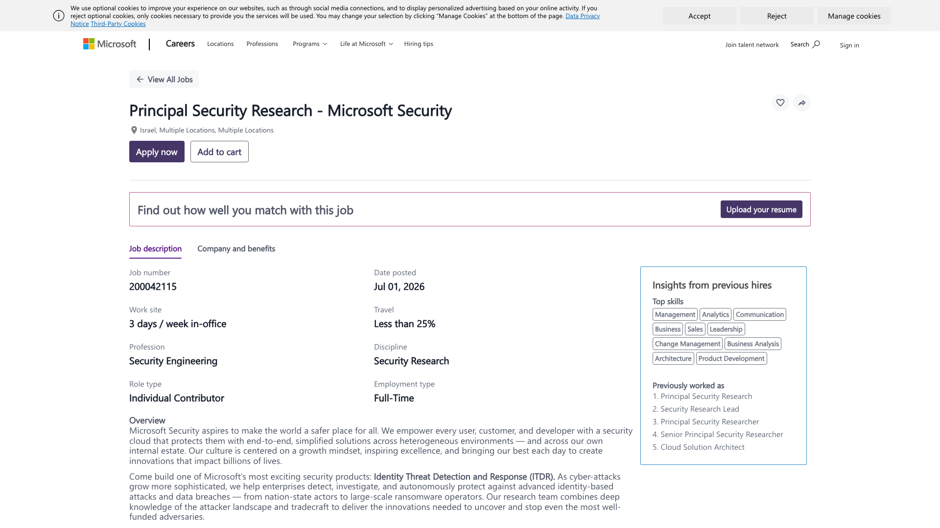 Screenshot of the Microsoft Principal Security Researcher — Microsoft Security (ITDR) job posting, captured 2026-09-05