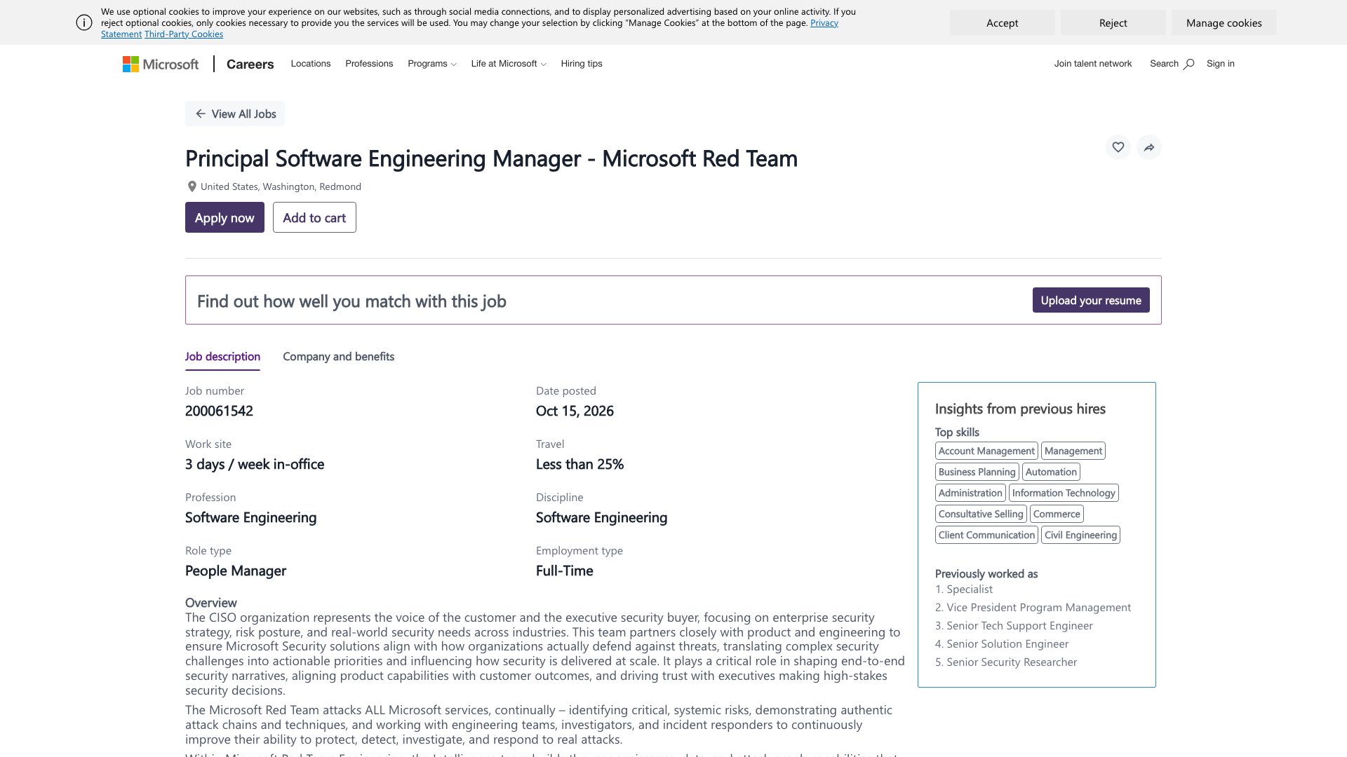 Screenshot of the Microsoft Principal Software Engineering Manager - Microsoft Red Team job posting, captured 2026-10-22