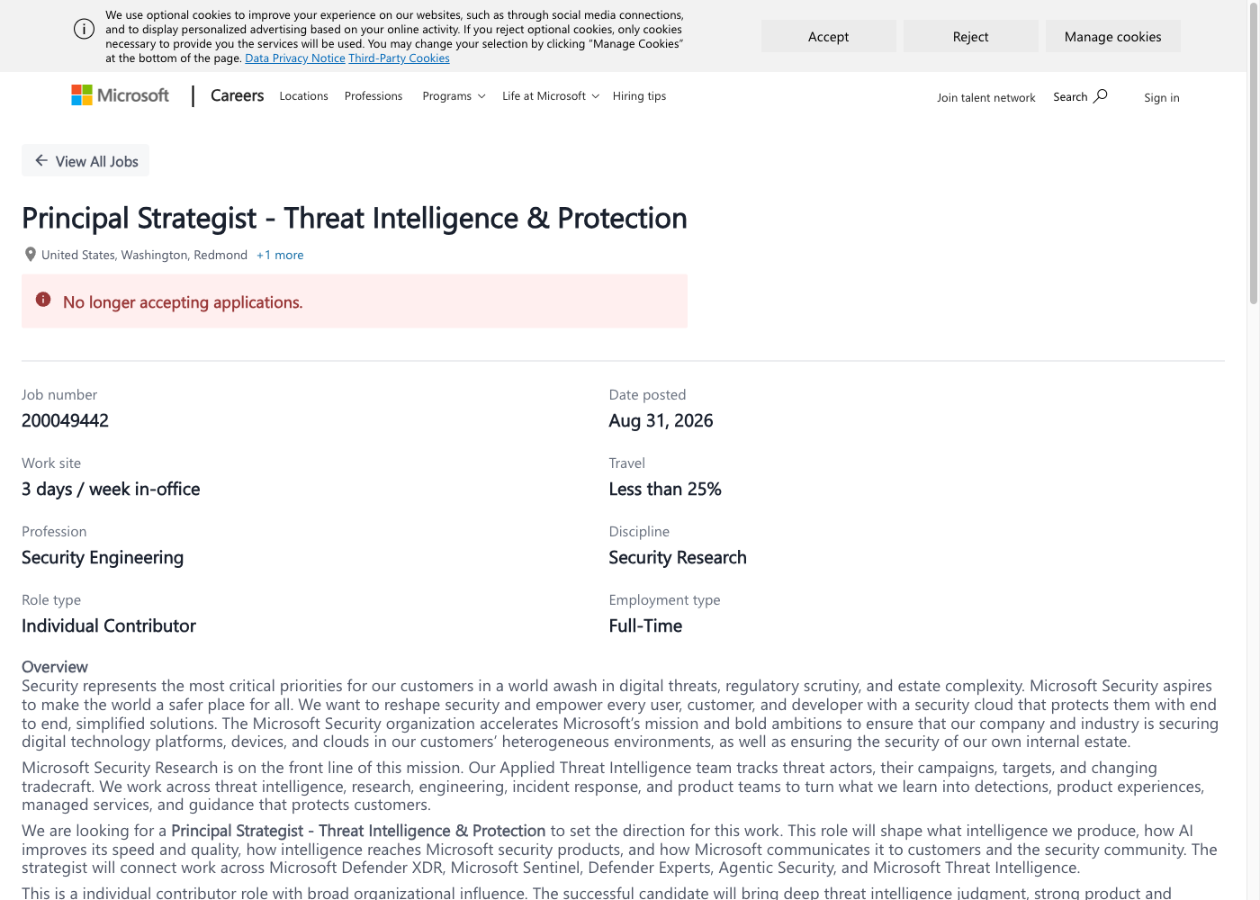 Screenshot of the Microsoft Principal Strategist — Threat Intelligence & Protection job posting, captured 2026-09-05