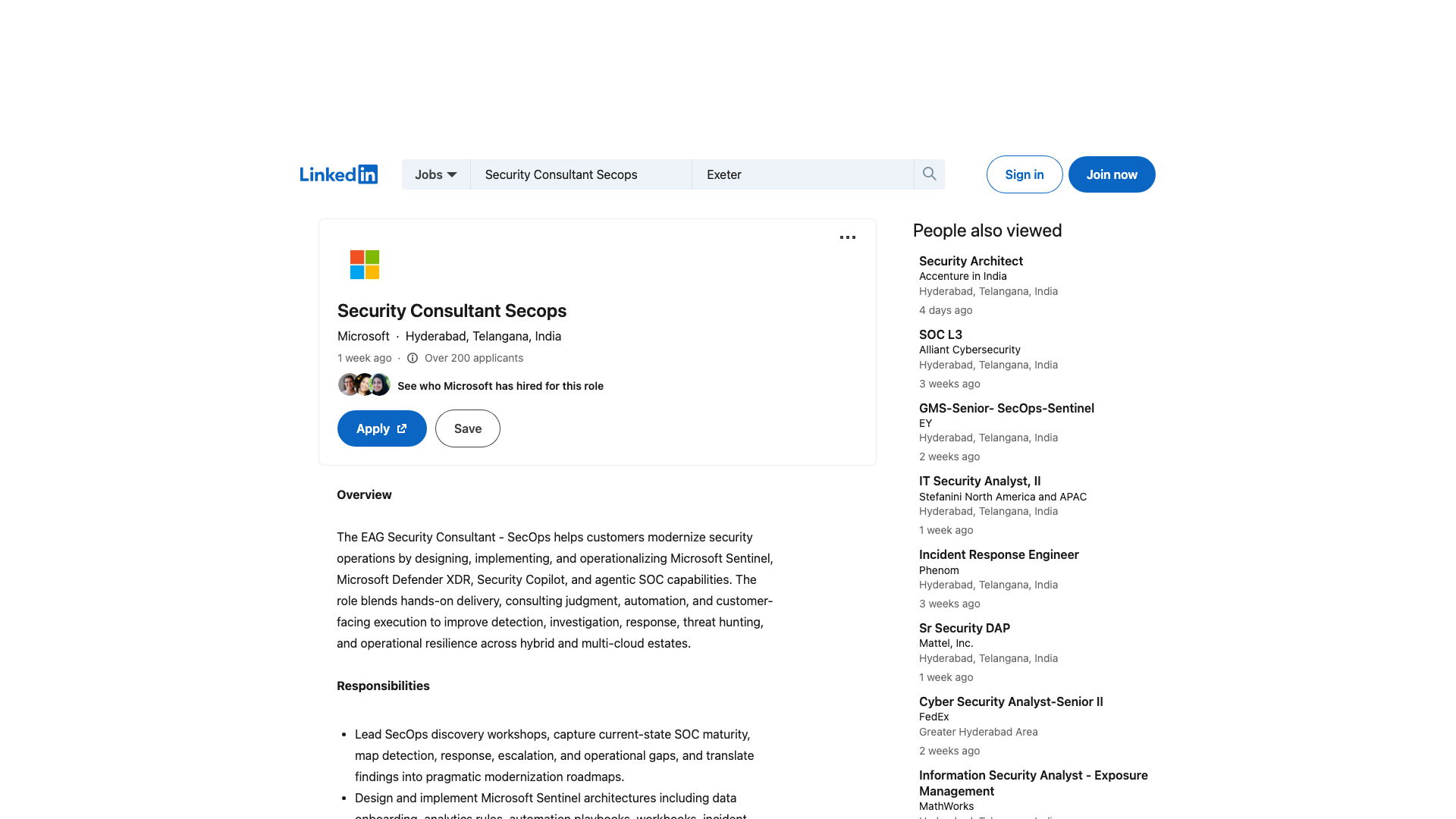 Screenshot of the Microsoft Security Consultant - SecOps job posting, captured 2026-09-05