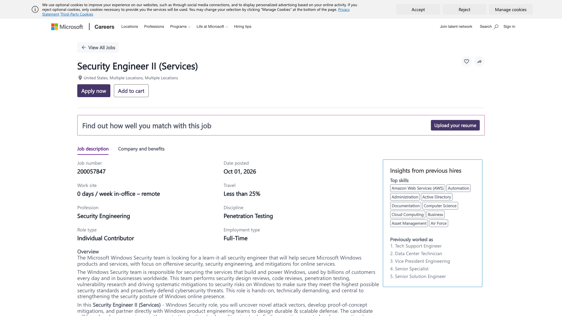 Screenshot of the Microsoft Security Engineer II (Services) job posting, captured 2026-10-22
