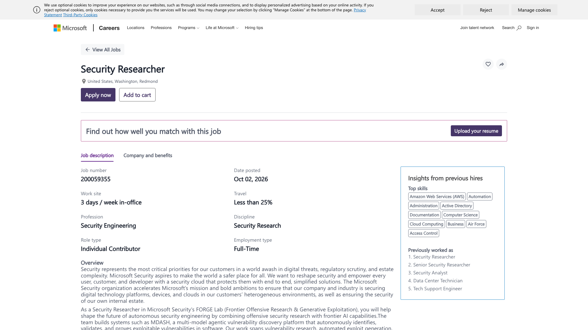 Screenshot of the Microsoft Security Researcher job posting, captured 2026-10-25