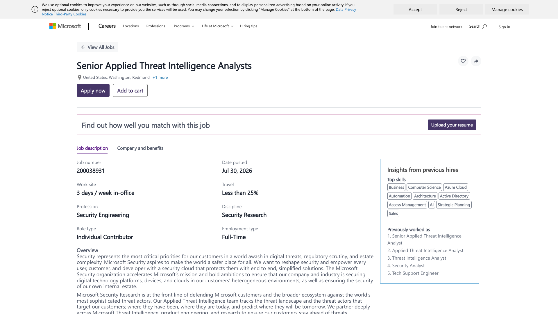 Screenshot of the Microsoft Senior Applied Threat Intelligence Analyst — MSTIC job posting, captured 2026-09-05