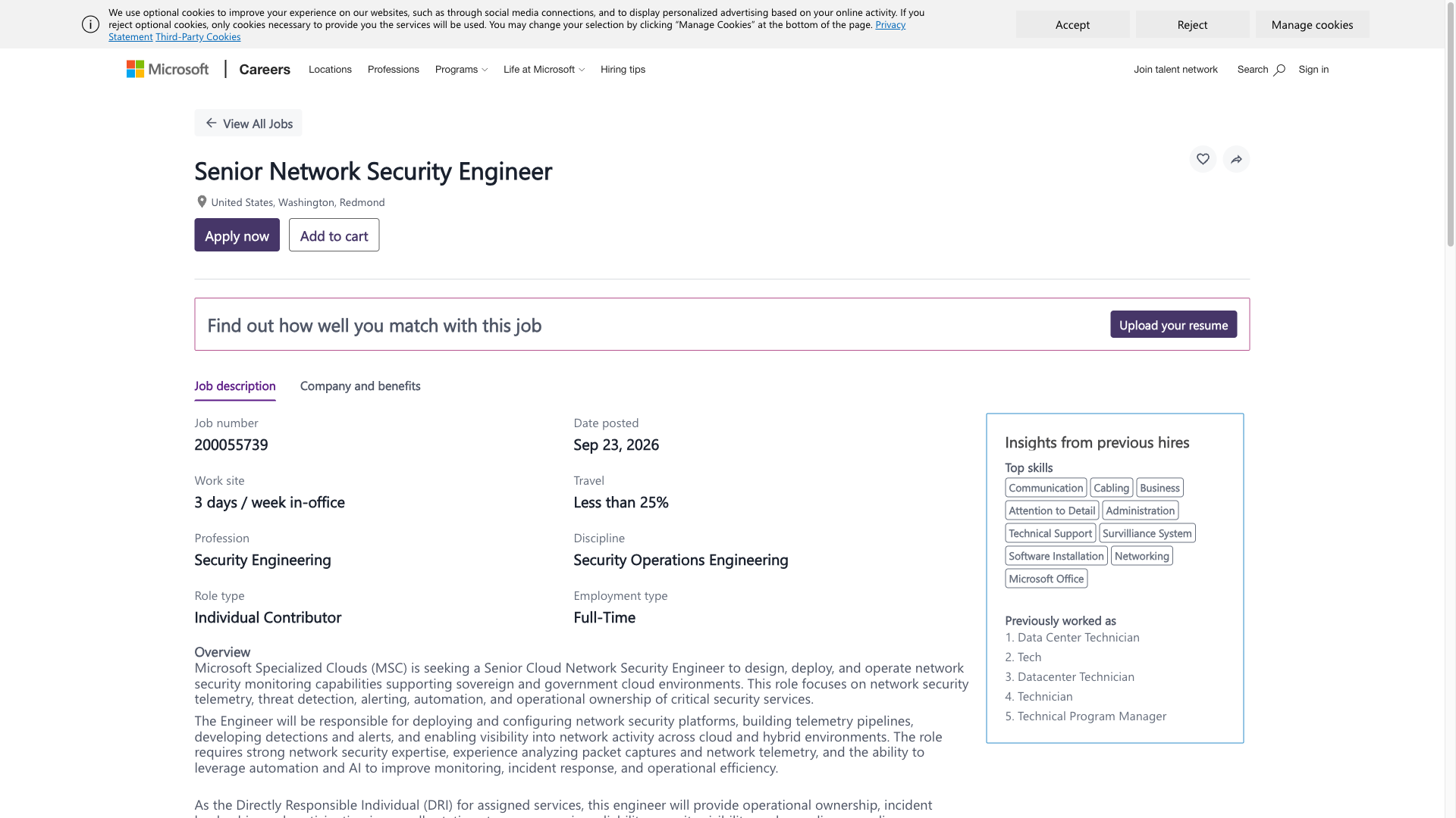 Screenshot of the Microsoft Senior Network Security Engineer (Microsoft Specialized Clouds) job posting, captured 2026-09-24