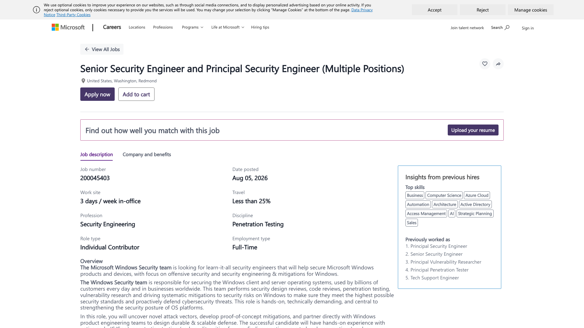 Screenshot of the Microsoft Senior / Principal Security Engineer — Windows Security (Penetration Testing) job posting, captured 2026-09-05