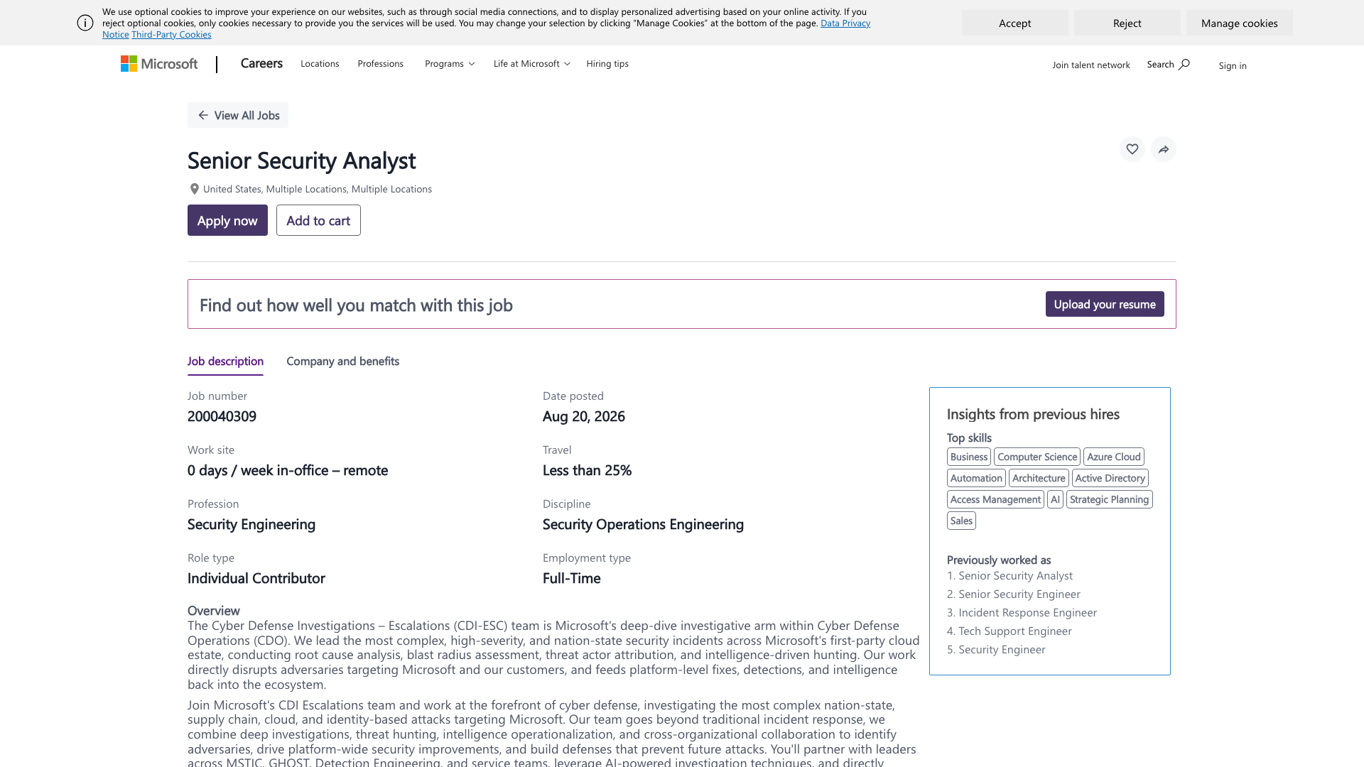 Screenshot of the Microsoft Senior Security Analyst — Cyber Defense Investigations, Escalations job posting, captured 2026-09-05