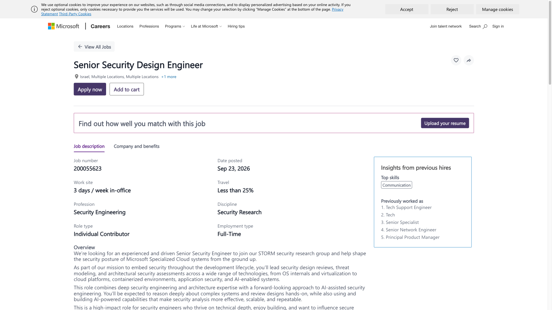 Screenshot of the Microsoft Senior Security Design Engineer job posting, captured 2026-10-01
