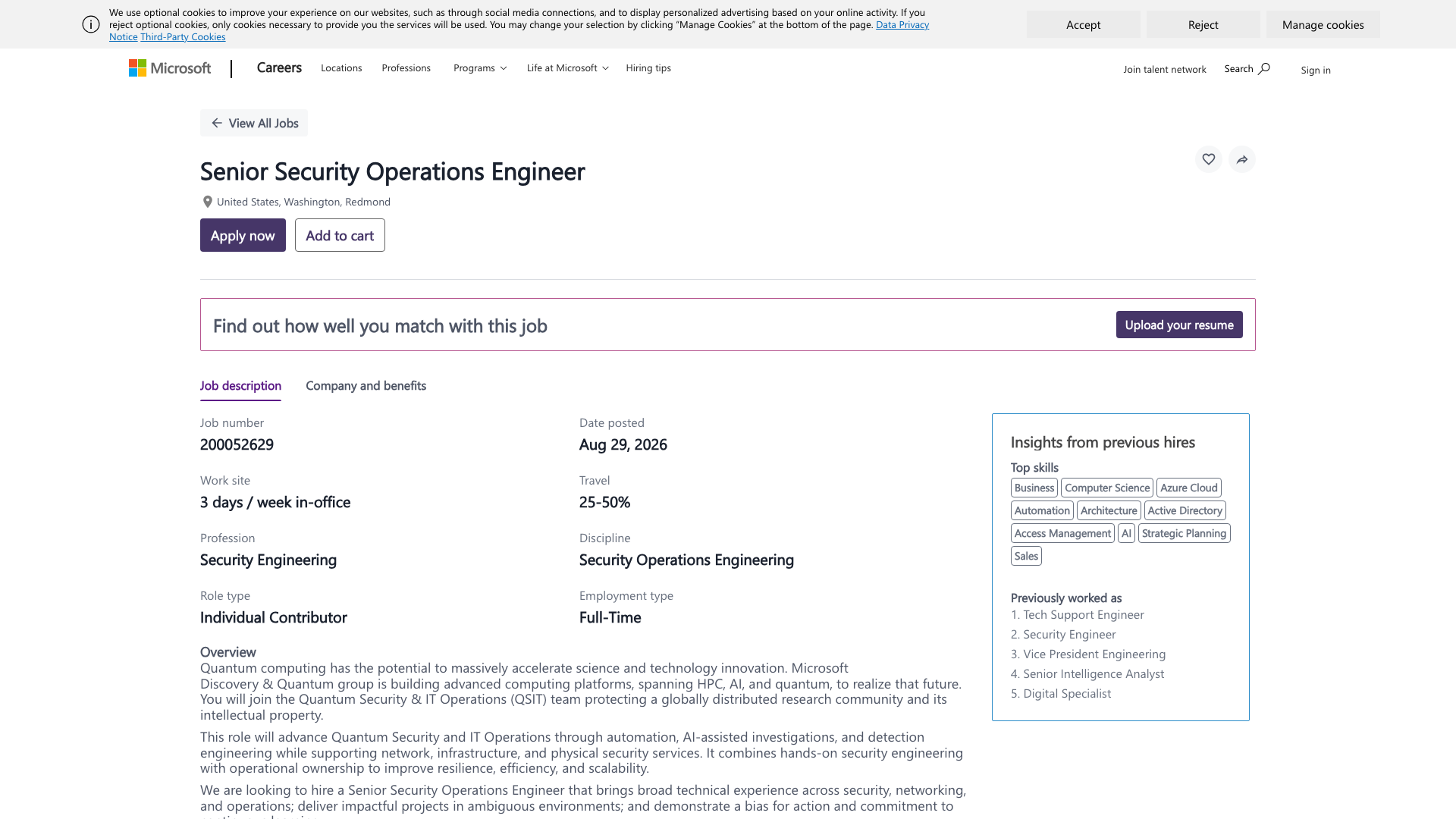 Screenshot of the Microsoft Senior Security Operations Engineer — Quantum Security & IT Operations job posting, captured 2026-09-05