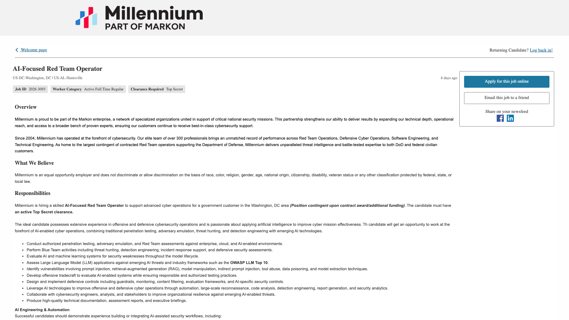 Screenshot of the Millennium Corporation AI-Focused Red Team Operator job posting, captured 2026-10-22
