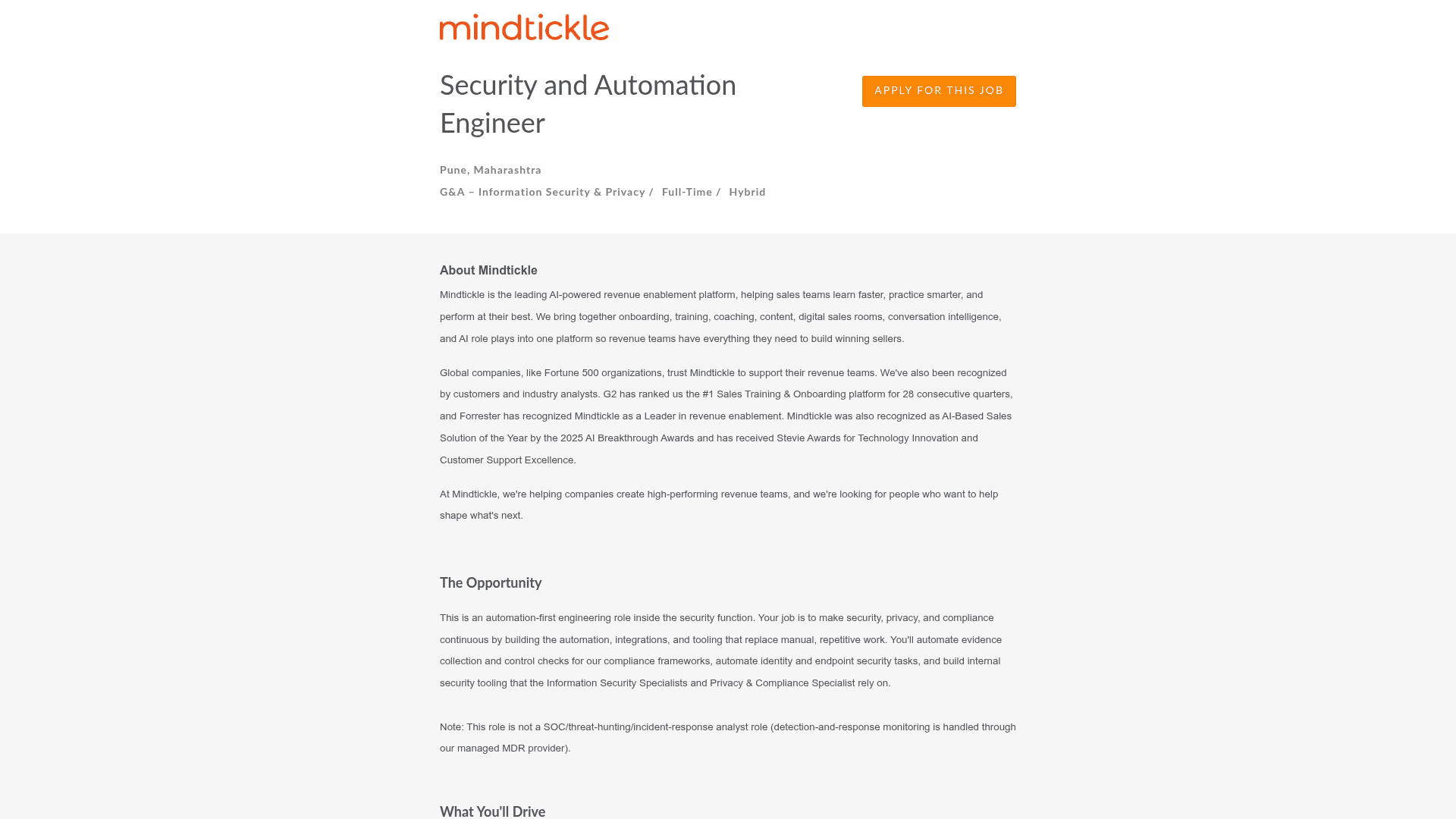 Screenshot of the Mindtickle Security and Automation Engineer job posting, captured 2026-08-27