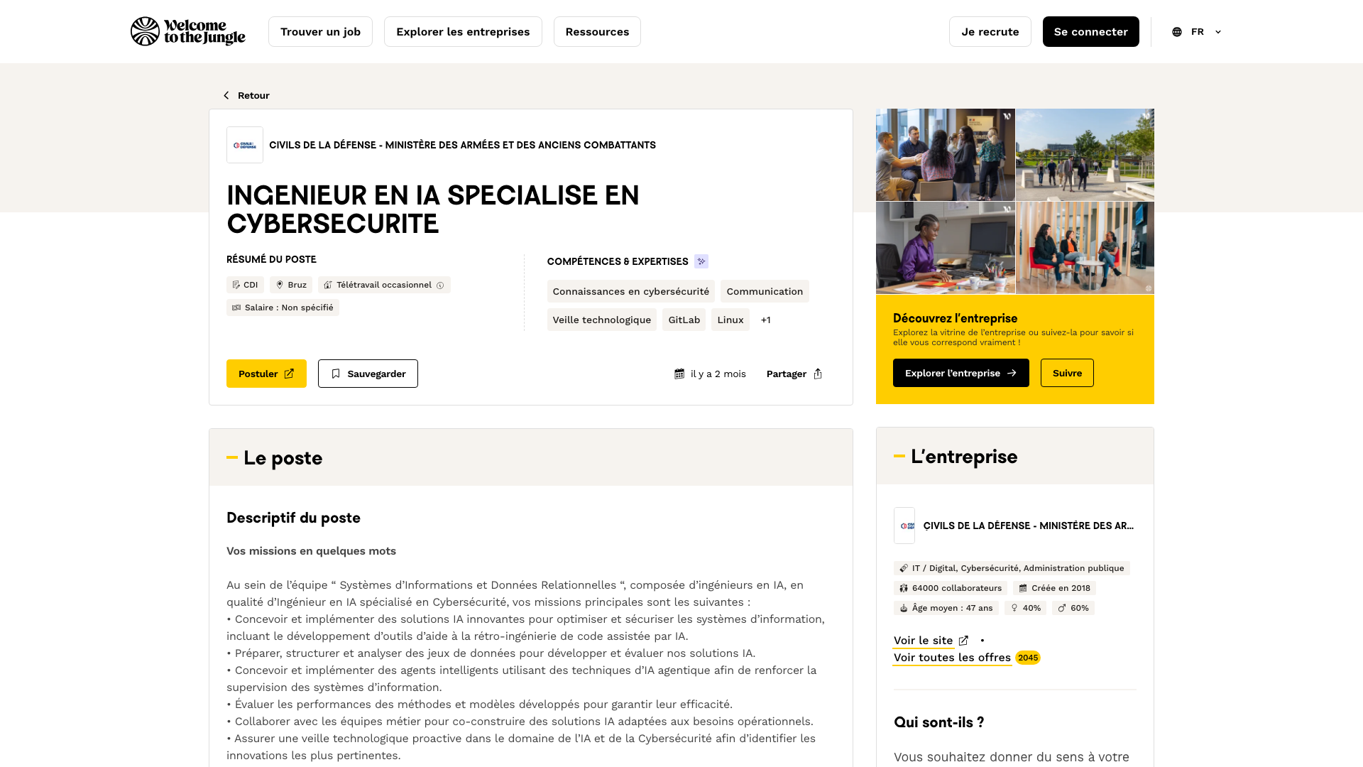 Screenshot of the Ministère des Armées Ingénieur en IA spécialisé en cybersécurité job posting, captured 2026-09-05