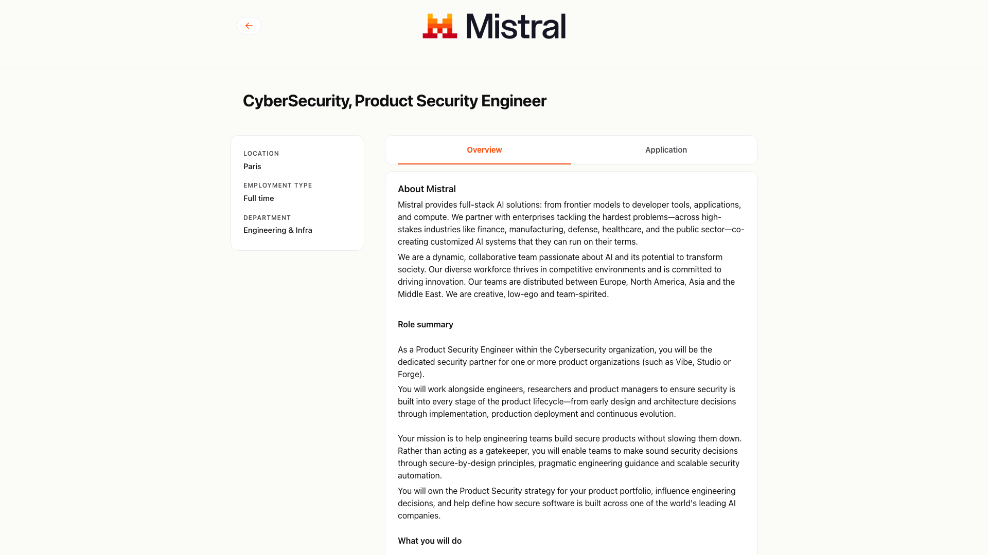 Screenshot of the Mistral AI CyberSecurity, Product Security Engineer job posting, captured 2026-09-05