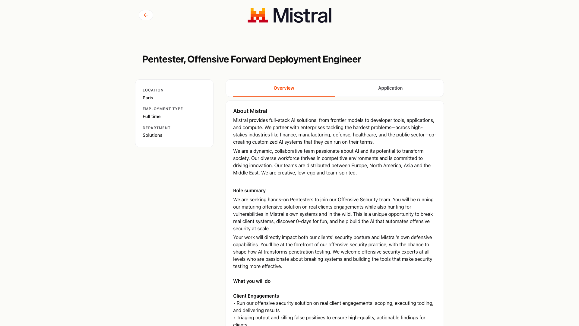Screenshot of the Mistral AI Pentester, Offensive Forward Deployment Engineer job posting, captured 2026-09-05