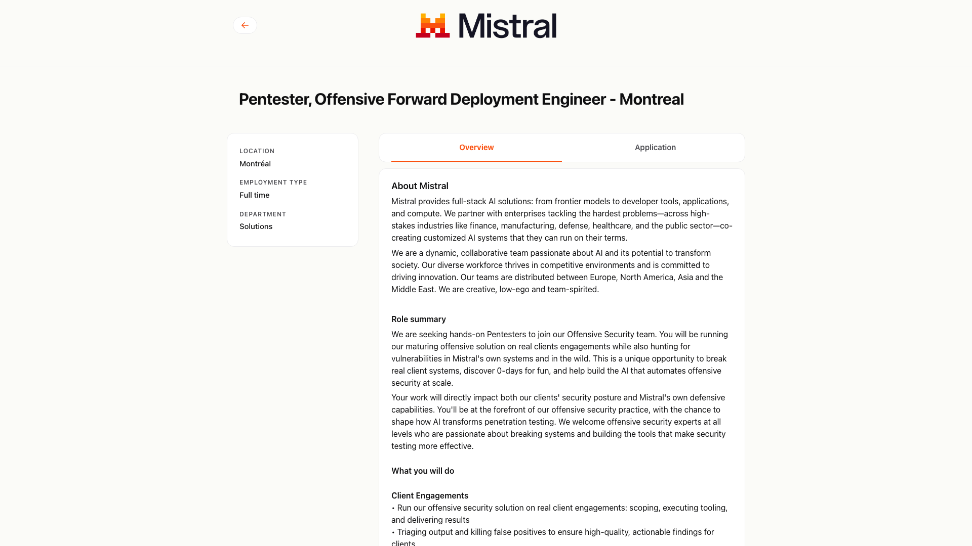 Screenshot of the Mistral AI Pentester, Offensive Forward Deployment Engineer - Montreal job posting, captured 2026-09-05