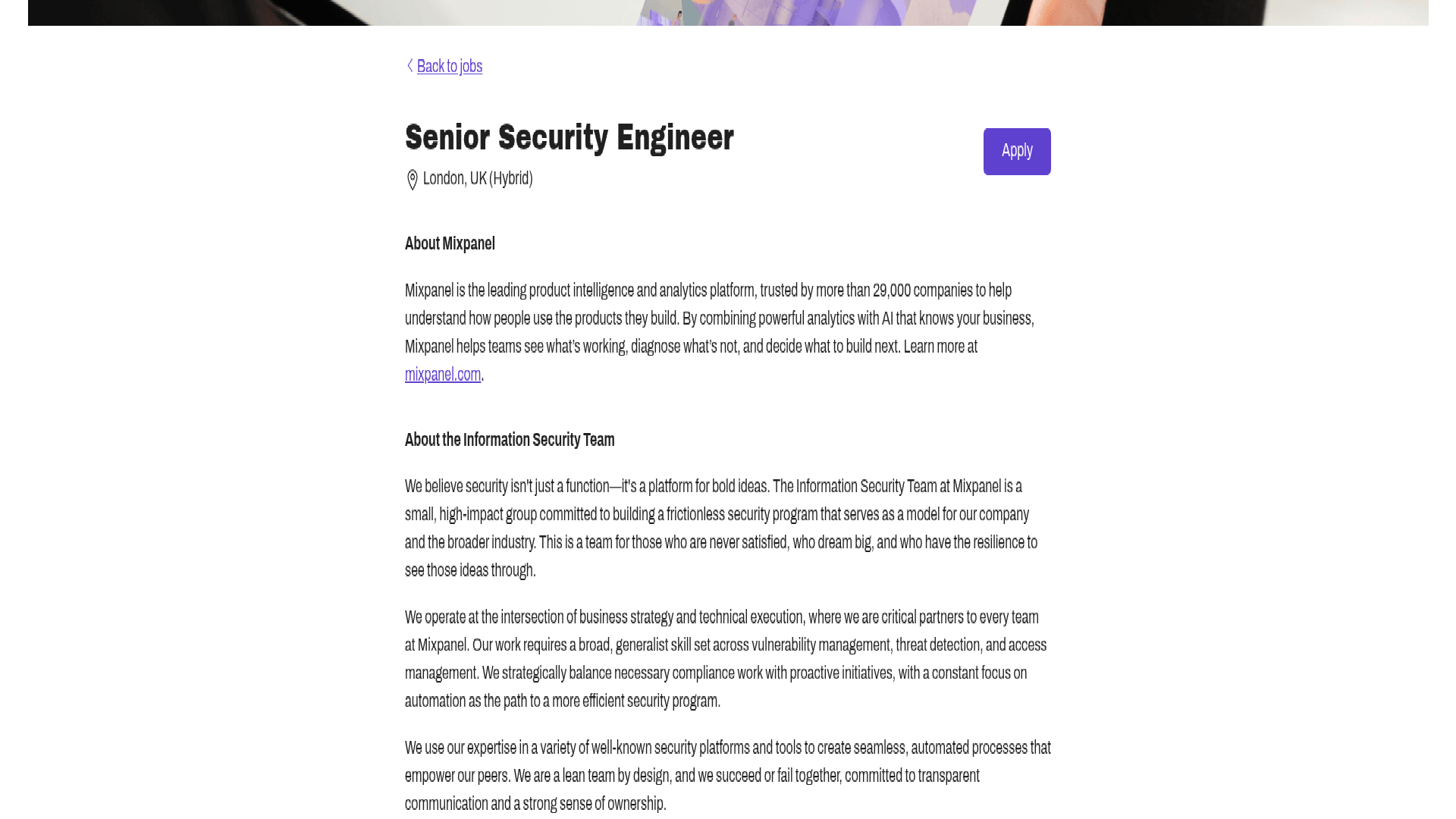 Screenshot of the Mixpanel Senior Security Engineer job posting, captured 2026-08-31