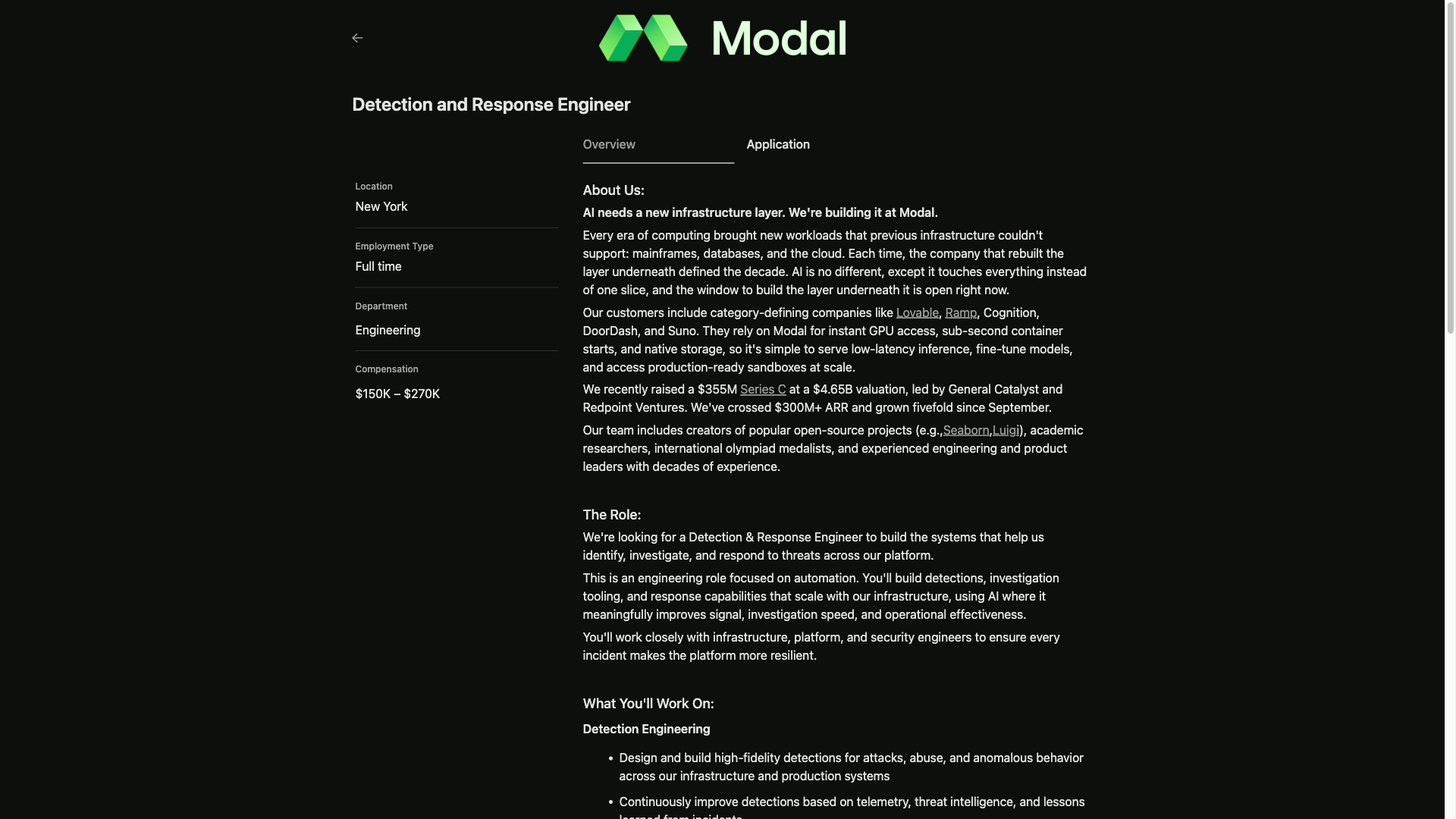 Screenshot of the Modal Detection and Response Engineer job posting, captured 2026-10-01