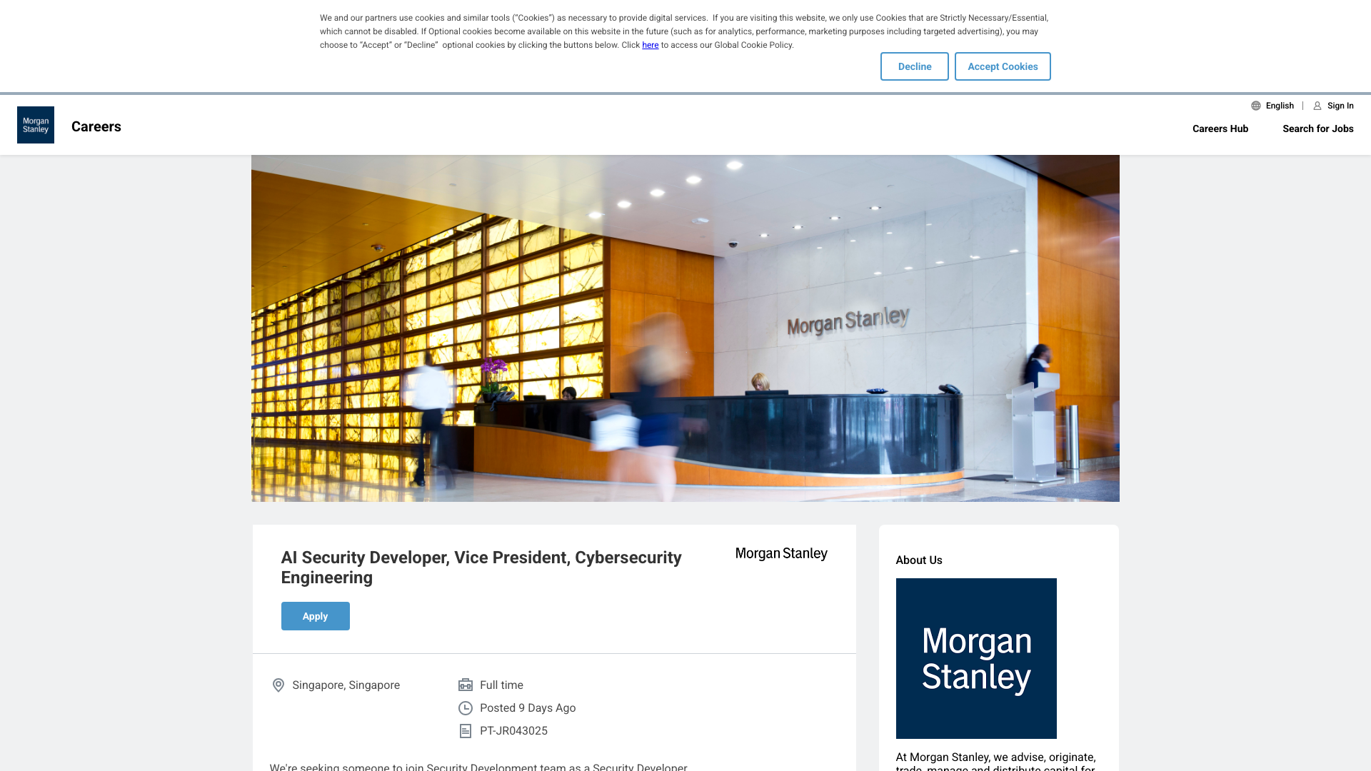 Screenshot of the Morgan Stanley AI Security Developer, Vice President, Cybersecurity Engineering job posting, captured 2026-09-05