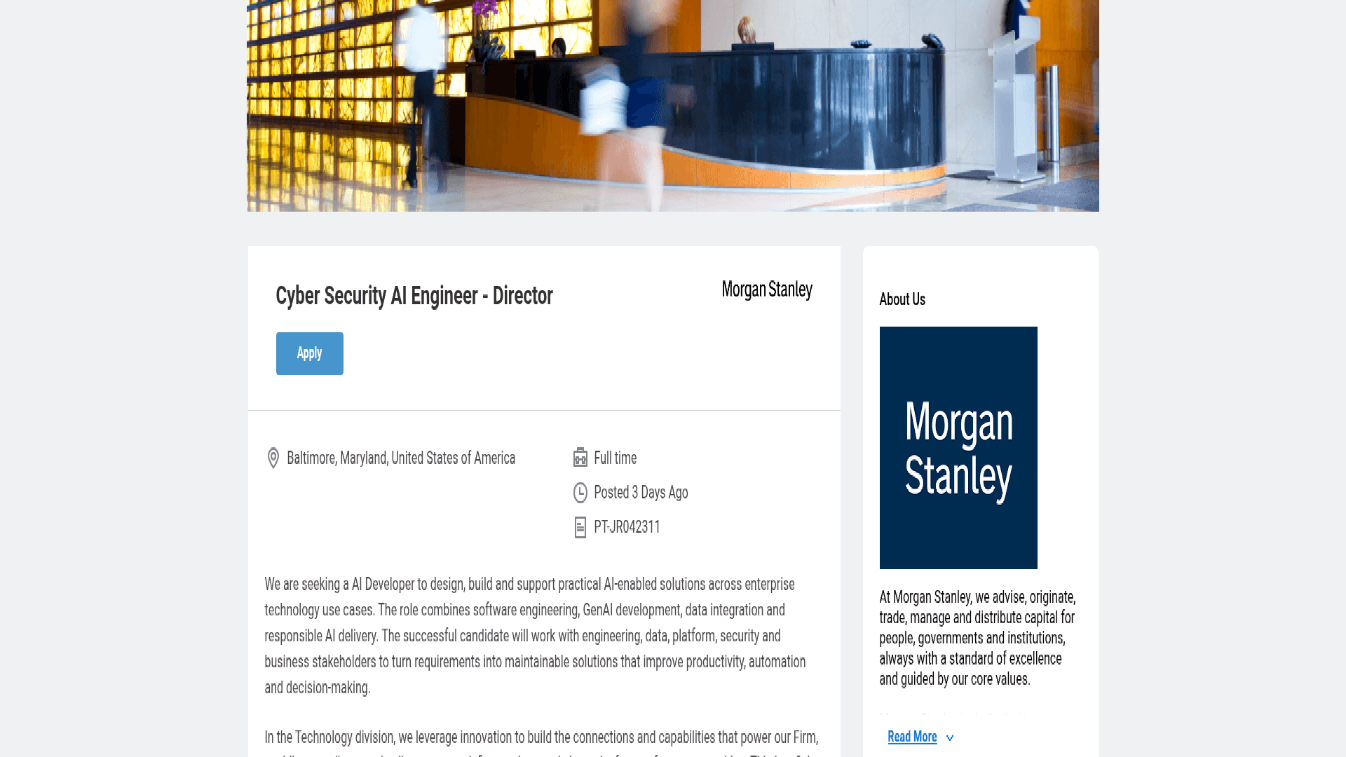 Screenshot of the Morgan Stanley Cyber Security AI Engineer - Director job posting, captured 2026-08-31