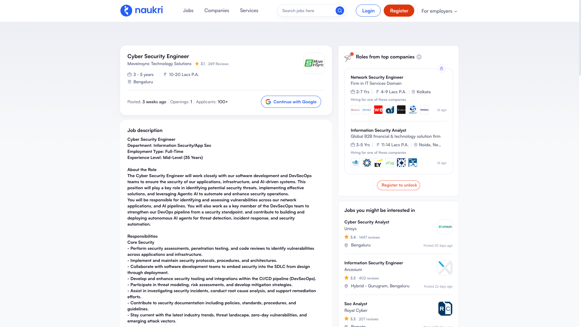 Screenshot of the MoveInSync Cyber Security Engineer job posting, captured 2026-09-05