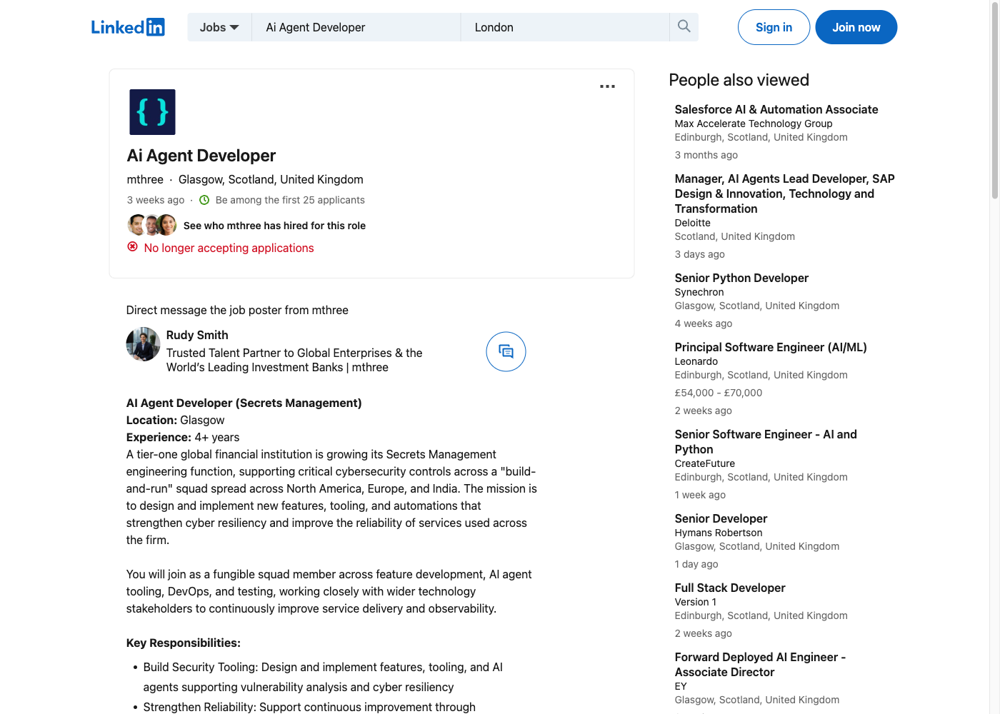 Screenshot of the mthree (tier-1 bank) AI Agent Developer (Secrets Management) job posting, captured 2026-09-05