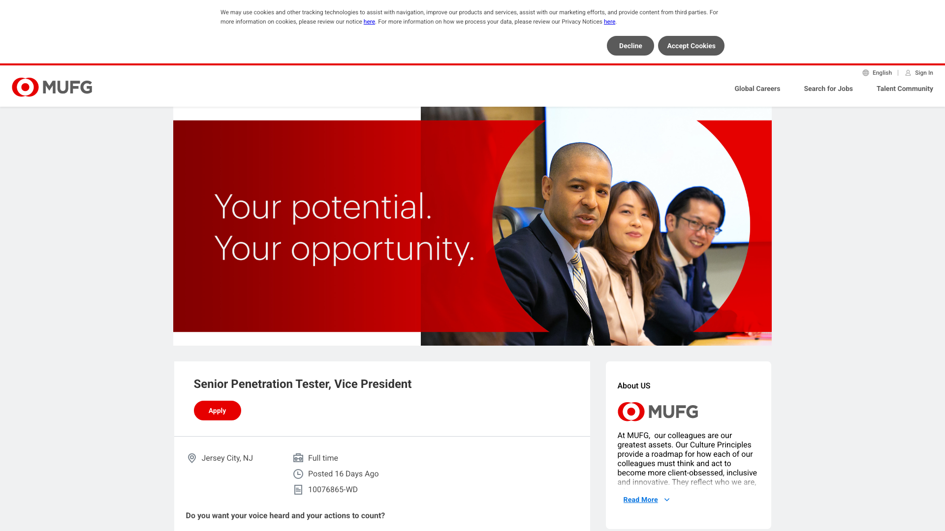 Screenshot of the MUFG Senior Penetration Tester, Vice President job posting, captured 2026-10-25