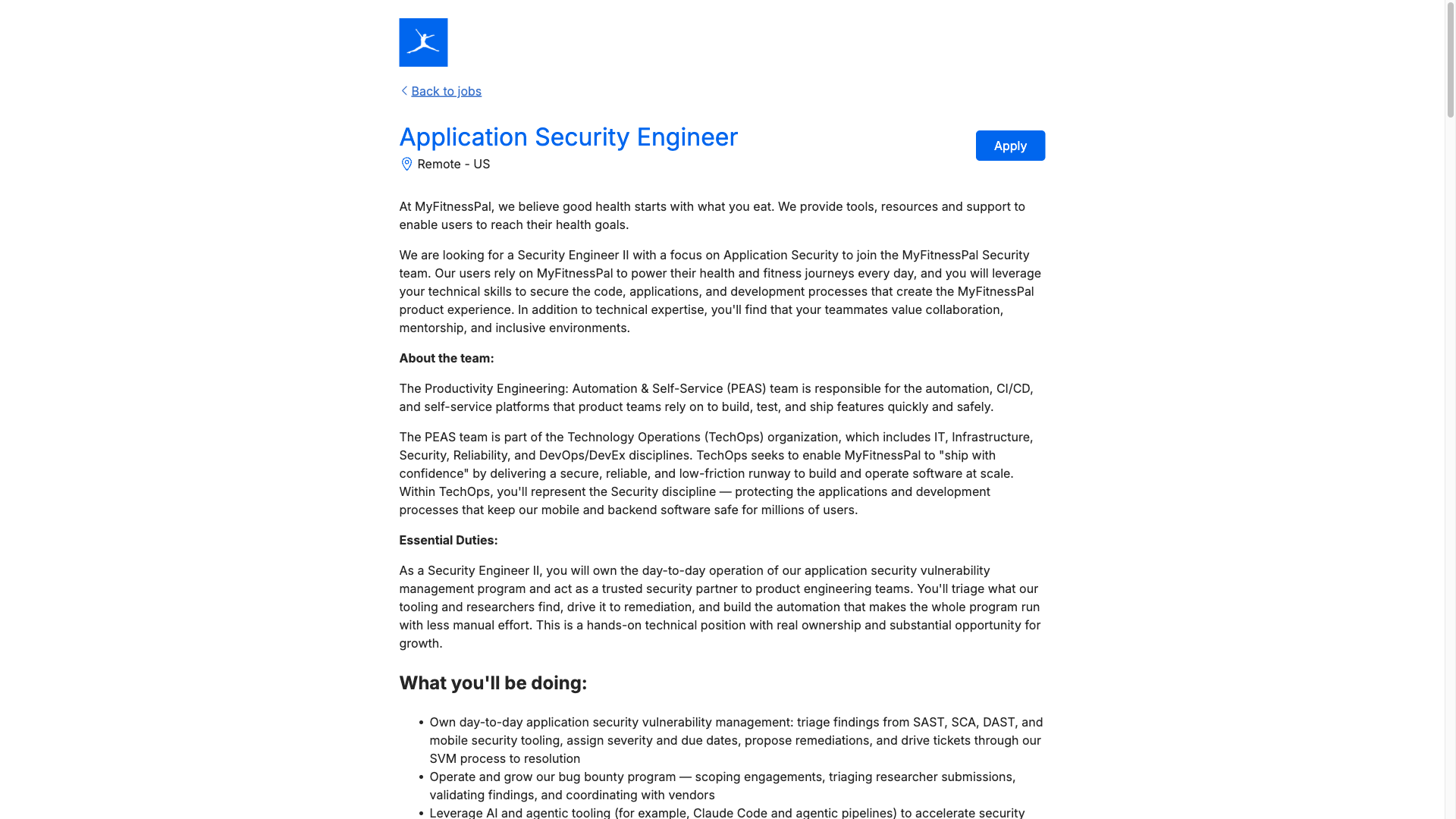 Screenshot of the MyFitnessPal Application Security Engineer job posting, captured 2026-09-23