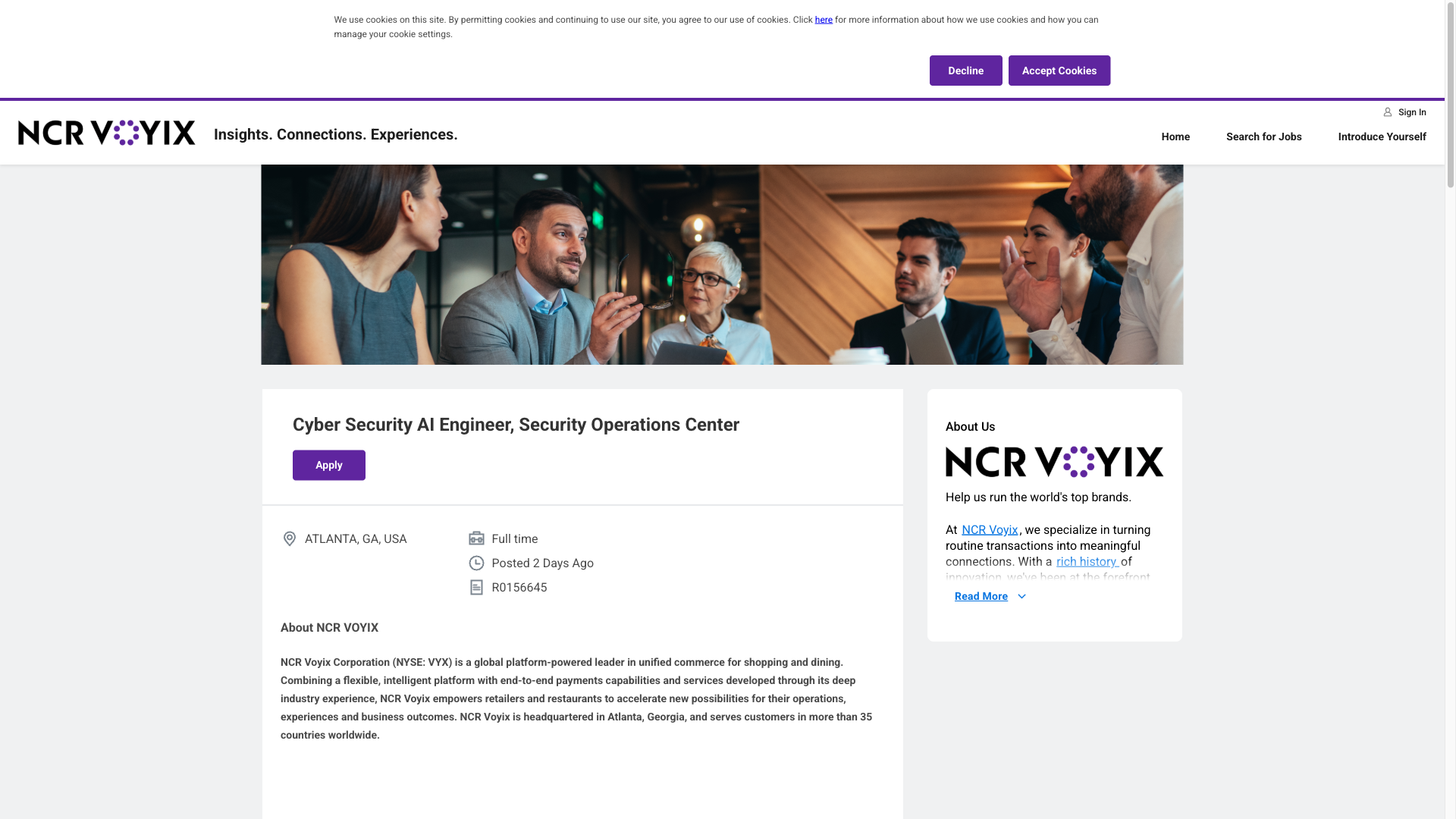Screenshot of the NCR Voyix Cyber Security AI Engineer, Security Operations Center job posting, captured 2026-09-23