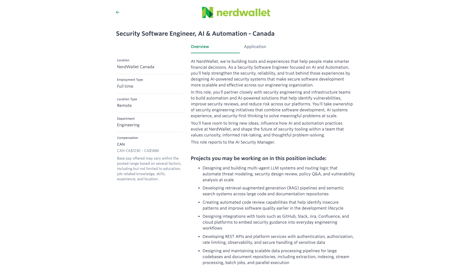 Screenshot of the NerdWallet Security Software Engineer, AI & Automation - Canada job posting, captured 2026-09-05