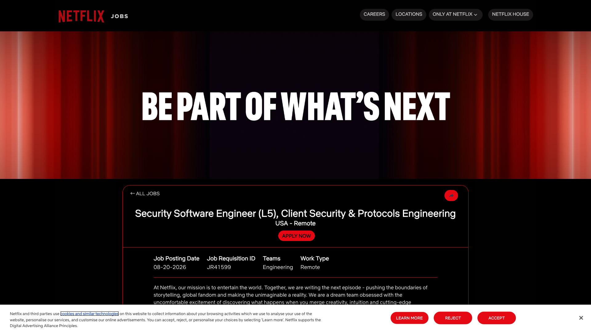Screenshot of the Netflix Security Software Engineer (L5), Client Security & Protocols Engineering job posting, captured 2026-09-01
